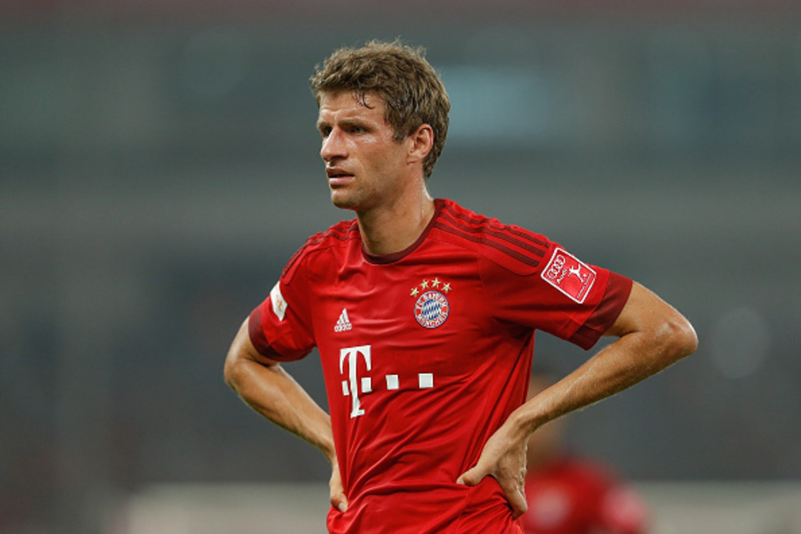 SHANGHAI, CHINA - JULY 21:  Thomas Mueller of FC Bayern Muenchen looks on during the international friendly match between FC Bayern Muenchen and Inter Milan of the Audi Football Summit 2015 at Shanghai Stadium on July 21, 2015 in Shanghai, China.  (Photo 