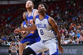 LAS VEGAS, NV - JULY 14:  Jahlil Okafor #8 of the Philadelphia 76ers boxes out against Alex Kirk #53 of the New York Knicks during the 2015 NBA Las Vegas Summer League game on July 14, 2015 at the Thomas & Mack Center in Las Vegas, Nevada. NOTE TO USER: U