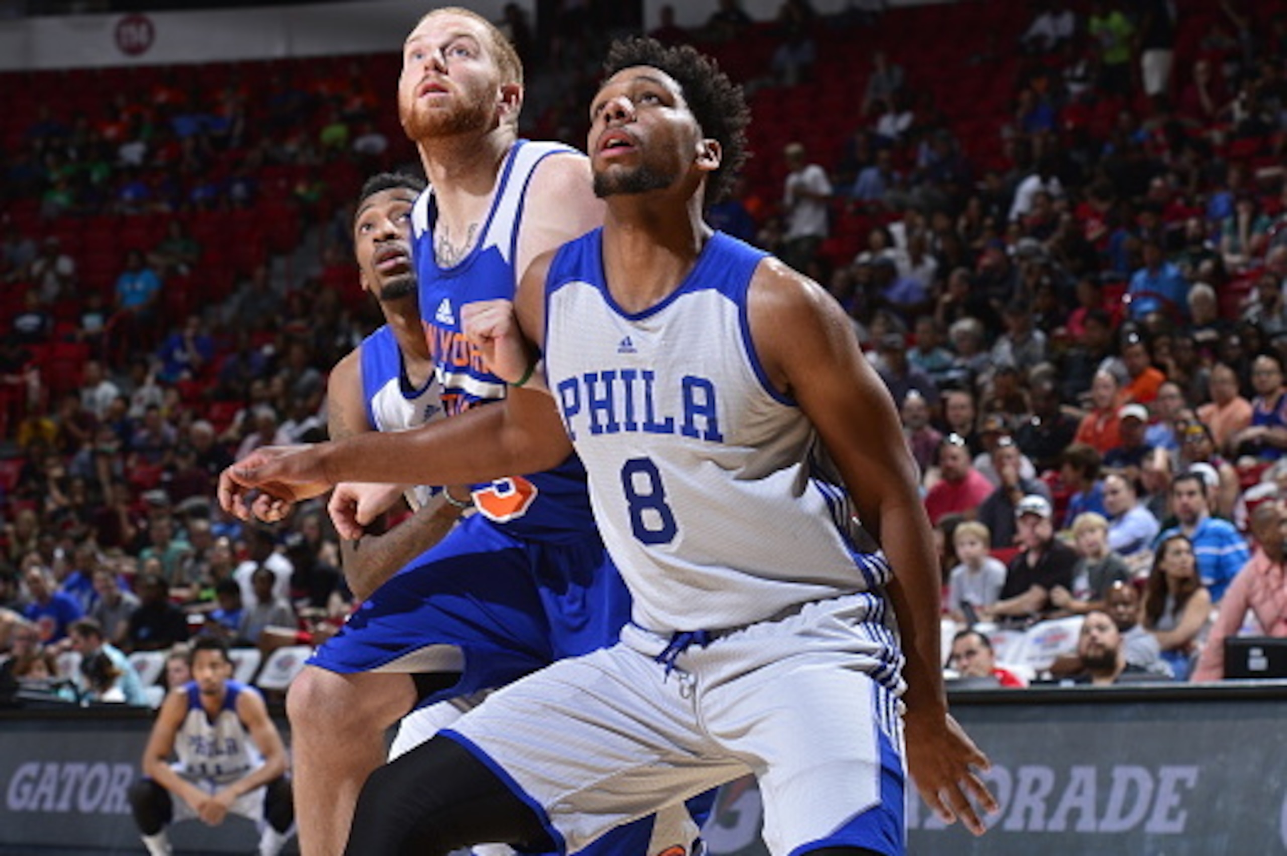 LAS VEGAS, NV - JULY 14:  Jahlil Okafor #8 of the Philadelphia 76ers boxes out against Alex Kirk #53 of the New York Knicks during the 2015 NBA Las Vegas Summer League game on July 14, 2015 at the Thomas & Mack Center in Las Vegas, Nevada. NOTE TO USER: U