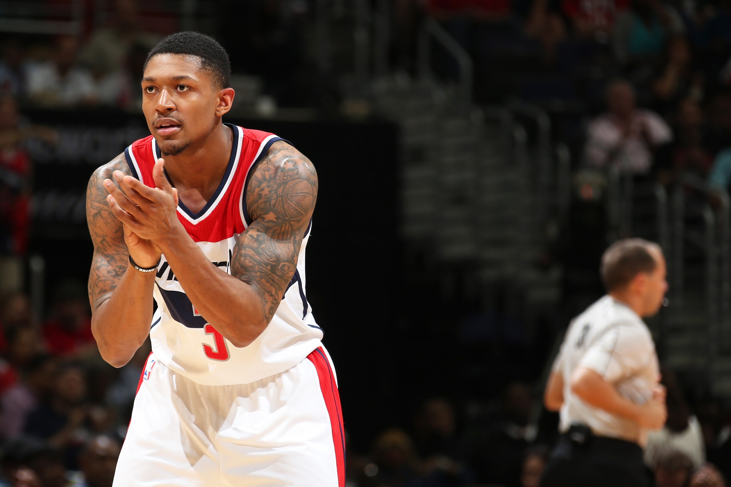 WASHINGTON, DC - MAY 11: Bradley Beal #3 of the Washington Wizards stands on court against the Atlanta Hawks in Game Four of the Eastern Conference Semifinals of the 2015 NBA Playoffs at the Verizon Center on May 11, 2015 in Washington, DC. NOTE TO USER: