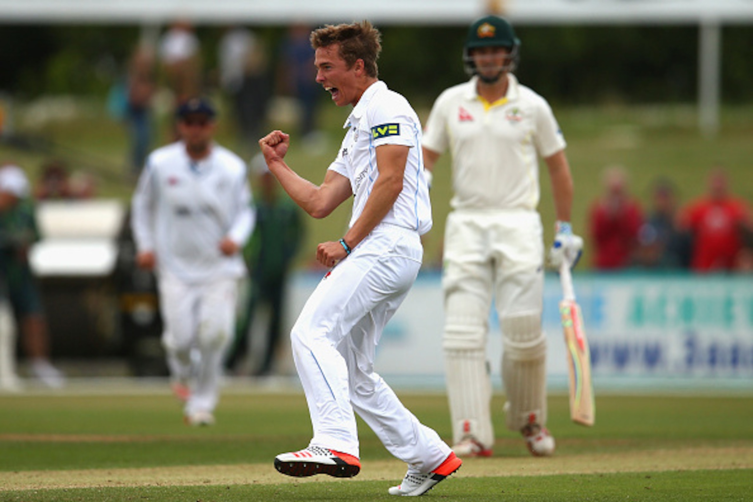 DERBY, ENGLAND - JULY 23: Will Davis of Derbyshire celebrates after taking the wicket of Adam Voges of Australia during day one of the Tour Match between Derbyshire and Australia at The 3aaa County Ground on July 23, 2015 in Derby, England. (Photo by Ry DERBY, ENGLAND - JULY 23: Will Davis of Derbyshire celebrates after taking the wicket of Adam Voges of Australia during day one of the Tour Match between Derbyshire and Australia at The 3aaa County Ground on July 23, 2015 in Derby, England. (Photo by Ry