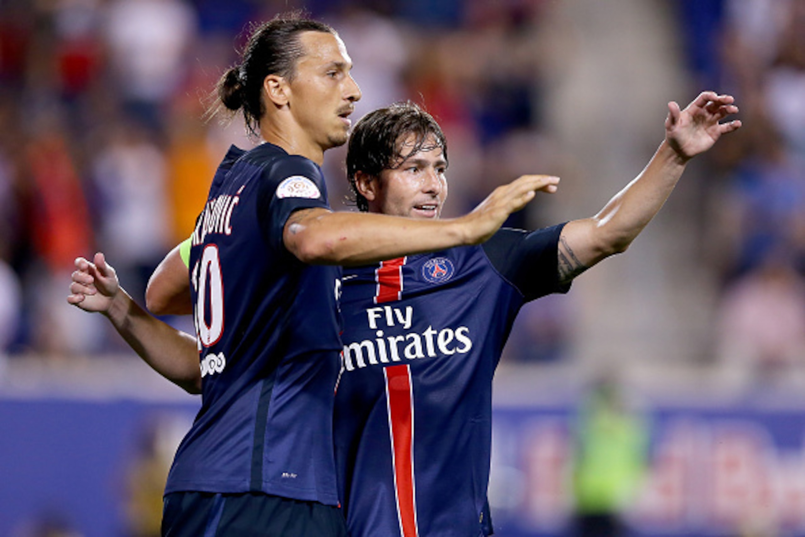 HARRISON, NJ - JULY 21: Zlatan Ibrahimovic #10 of Paris Saint-Germain is congratulated by teamamte Maxwell #17 after Ibrahimovic scored a goal in the second half against AFC Fiorentina during the International Champions Cup at Red Bull Arena on July 21, HARRISON, NJ - JULY 21: Zlatan Ibrahimovic #10 of Paris Saint-Germain is congratulated by teamamte Maxwell #17 after Ibrahimovic scored a goal in the second half against AFC Fiorentina during the International Champions Cup at Red Bull Arena on July 21,