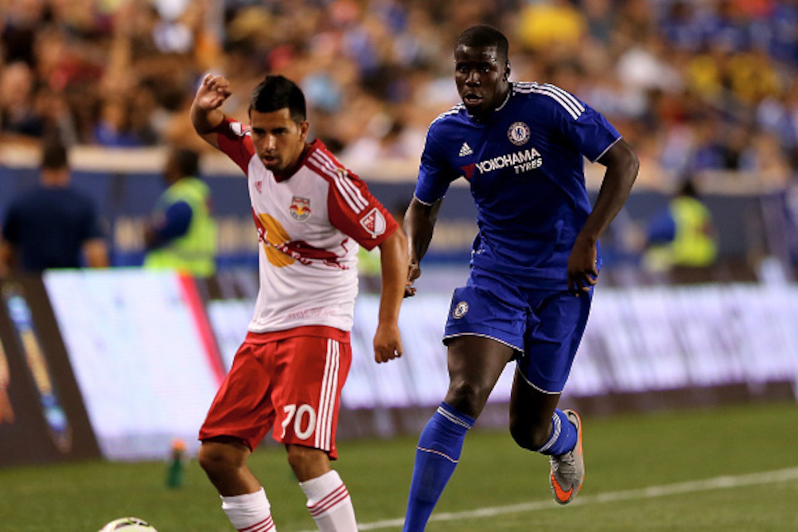HARRISON, NJ - JULY 22: Kurt Zouma #5 of Chelsea defends as Victor Manosalvas #70 of the New York Red Bulls takes the ball during the International Champions Cup at Red Bull Arena on July 22, 2015 in Harrison, New Jersey.The New York Red Bulls defeated C HARRISON, NJ - JULY 22: Kurt Zouma #5 of Chelsea defends as Victor Manosalvas #70 of the New York Red Bulls takes the ball during the International Champions Cup at Red Bull Arena on July 22, 2015 in Harrison, New Jersey.The New York Red Bulls defeated C