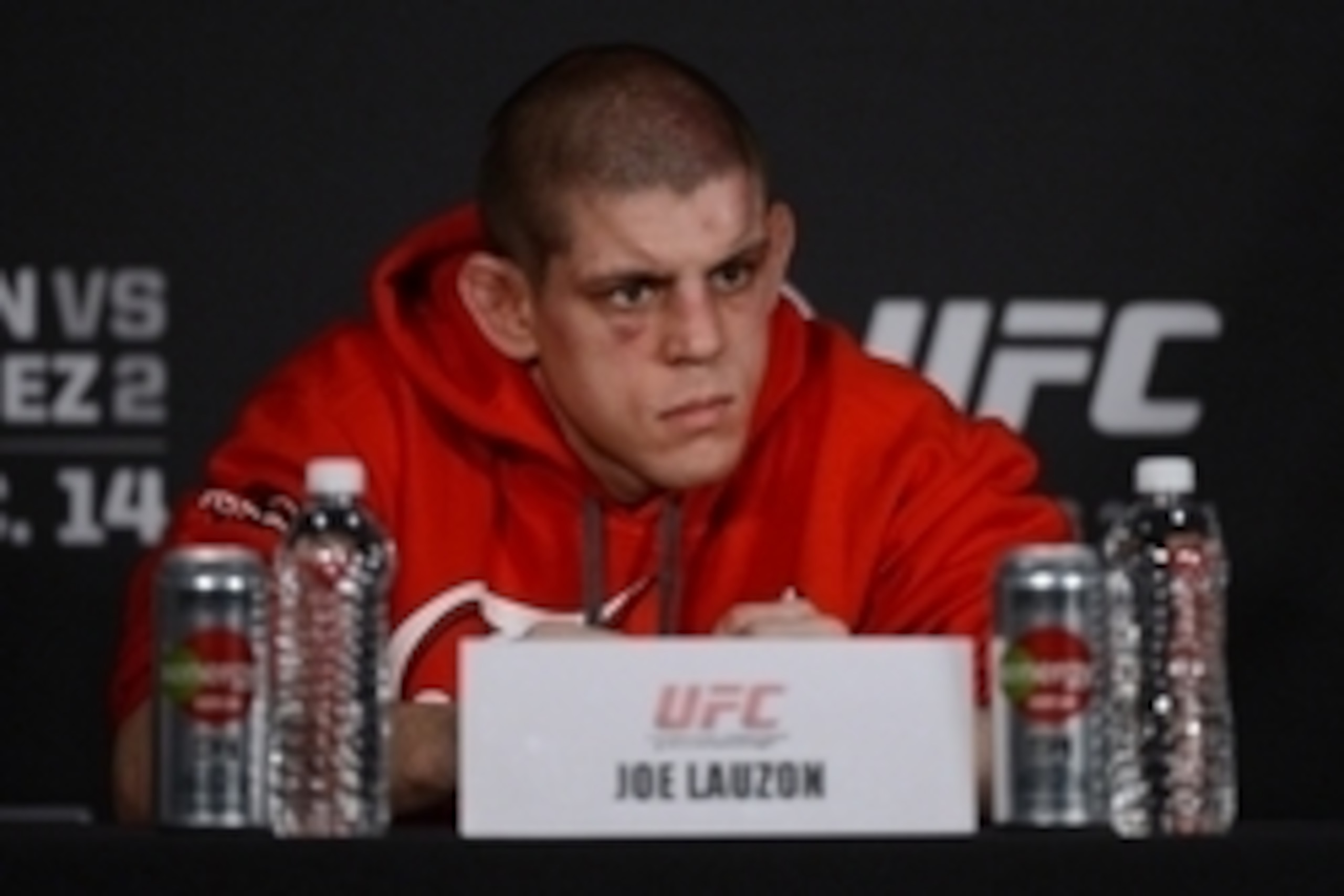December 14, 2013; Sacramento, CA, USA; Joe Lauzon during the press conference after UFC on FOX 9 at Sleep Train Arena. Mandatory Credit: Kyle Terada-USA TODAY Sports