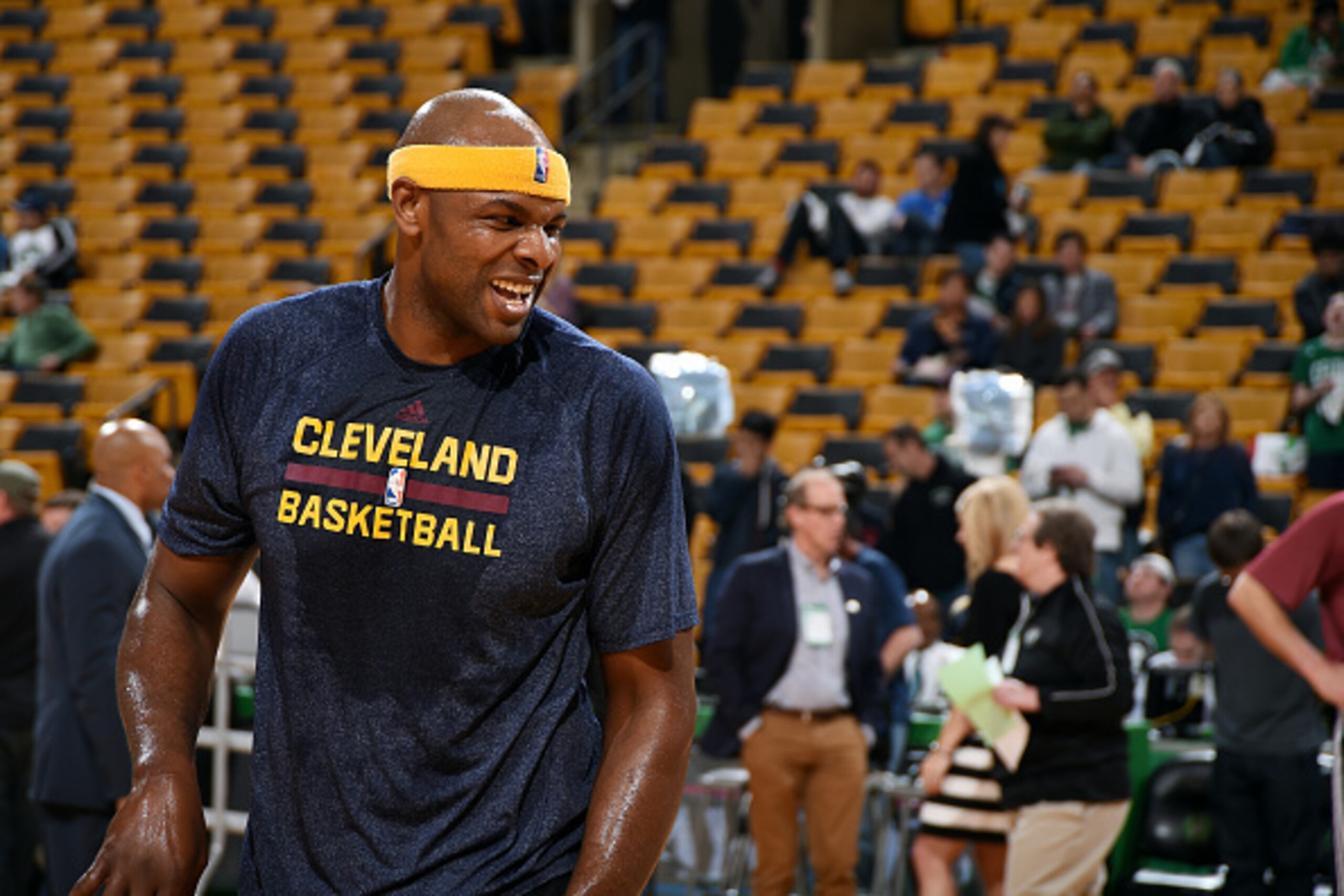 BOSTON, MA - APRIL 23: Brendan Haywood #33 of the Cleveland Cavaliers warms up before a game against the Boston Celtics in Game Three of the Eastern Conference Quarterfinals during the 2015 NBA Playoffs on April 23, 2015 at TD Garden in Boston, Massachuse