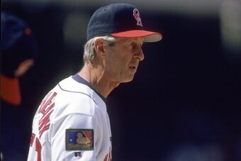 ANAHEIM, CA - AUGUST 7:  Pitching coach Marcel Lachemann of the California Angels looks on during the game against the Chicago White Sox at Anaheim Stadium on August 7, 1994 in Anaheim, California. (Photo by Jed Jacobsohn/Getty Images)