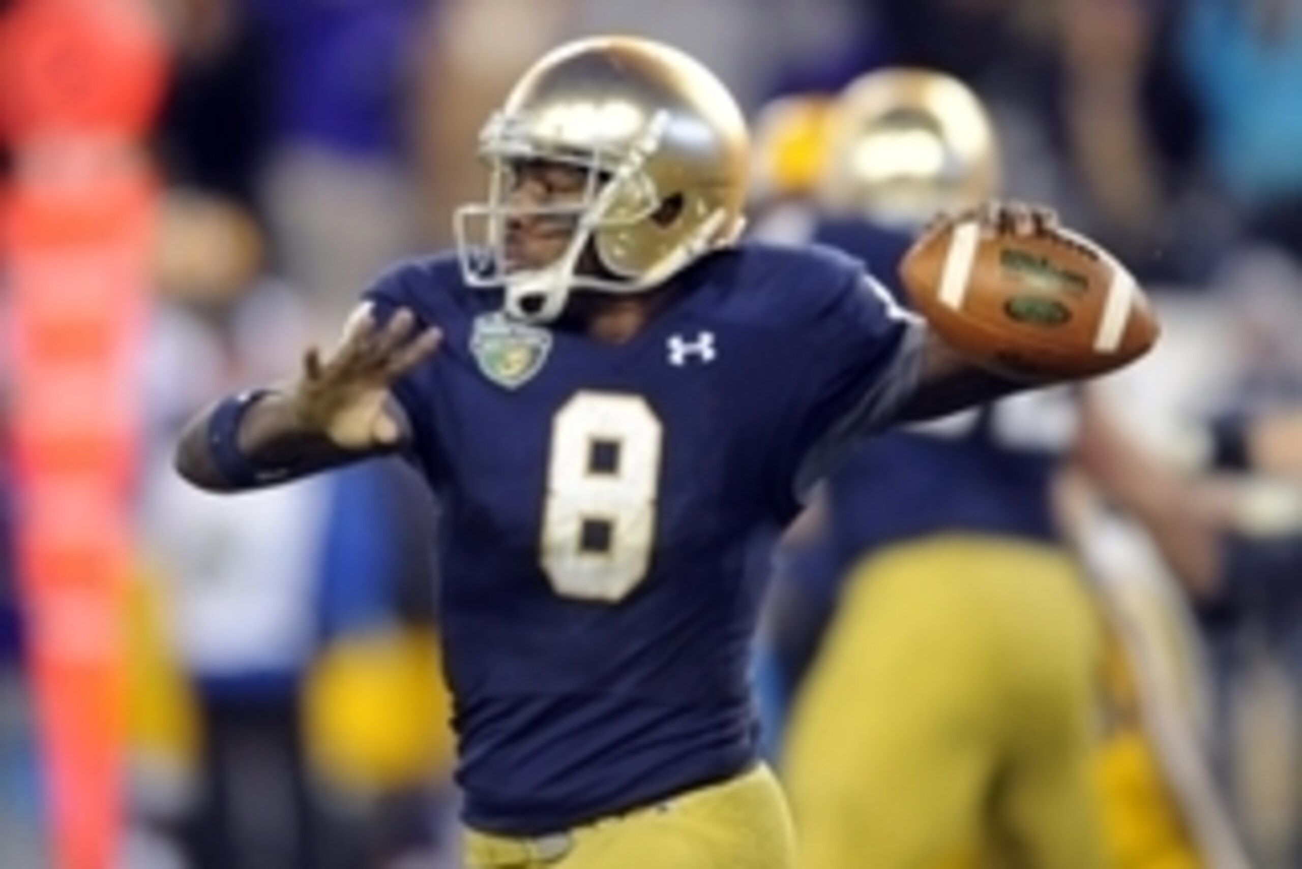 Dec 30, 2014; Nashville, TN, USA; Notre Dame Fighting Irish quarterback Malik Zaire (8) passes during the second half against the LSU Tigers in the Music City Bowl at LP Field. Notre Dame won 31-28. Mandatory Credit: Christopher Hanewinckel-USA TODAY Spor