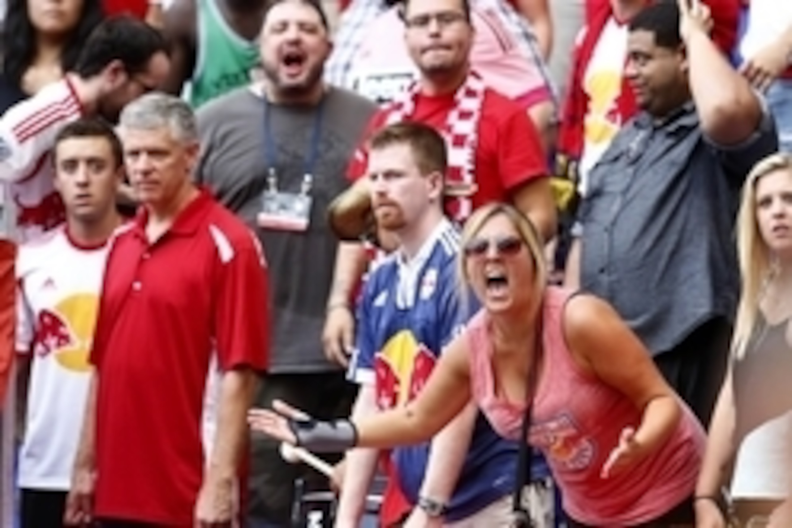 Jul 21, 2015; Harrison, NJ, USA; New York Red Bulls fans yell at the sideline judge after a call went against the Red Bulls during a quarterfinal match of the US Open Cup between the Red Bulls and the Philadelphia Union at Red Bull Arena. Mandatory Credit