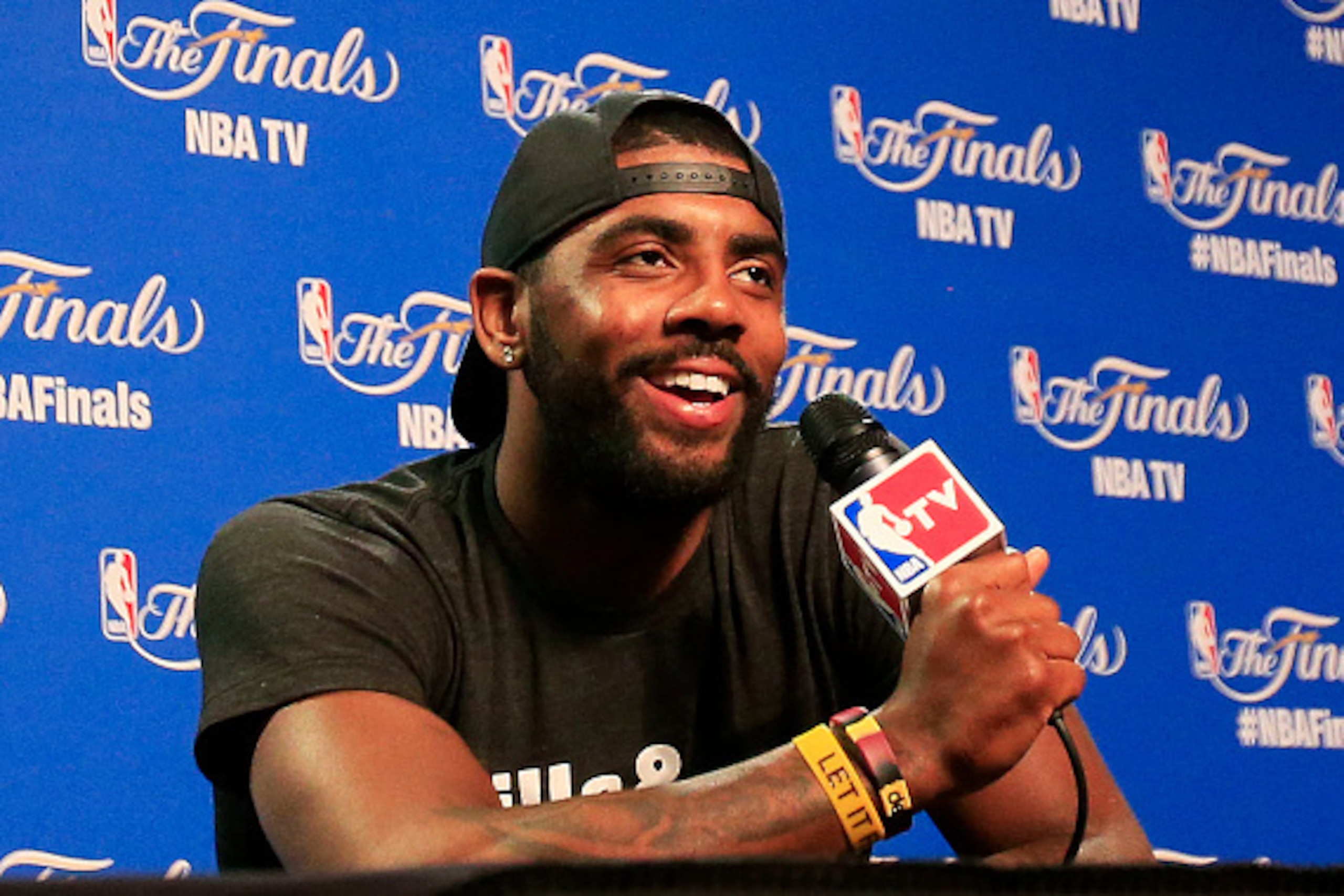 CLEVELAND, OH - JUNE 10:  Kyrie Irving #2 of the Cleveland Cavaliers attends media availability for the 2015 NBA Finals against the Golden State Warriors  at Quicken Loans Arena on June 10, 2015 in Cleveland, Ohio. NOTE TO USER: User expressly acknowledge
