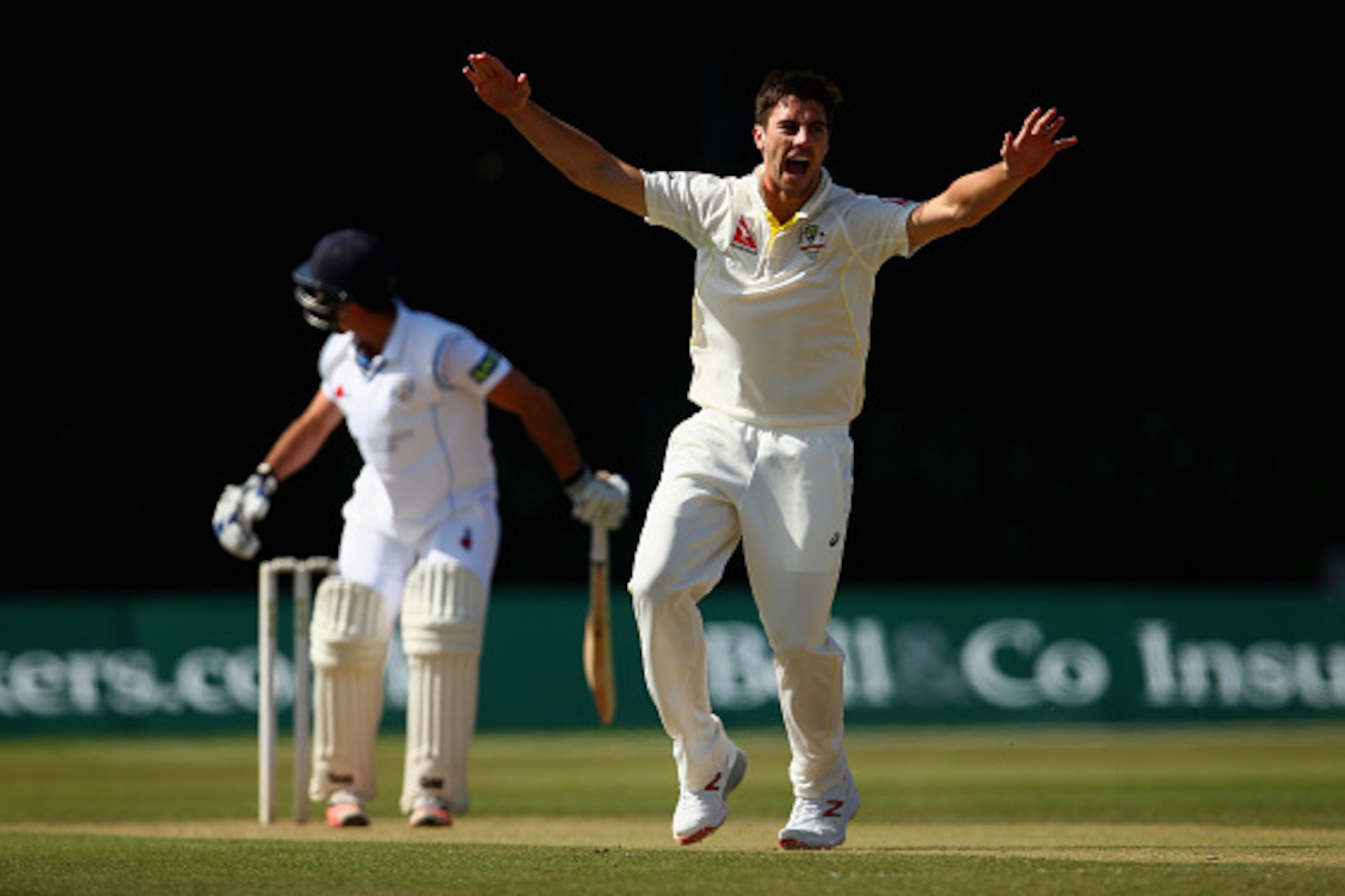 DERBY, ENGLAND - JULY 25:  Pat Cummins of Australia appeals for the wicket of Scott Elstone of Derbyshire during day three of the Tour Match between Derbyshire and Australia at The 3aaa County Ground on July 25, 2015 in Derby, England.  (Photo by Ryan Pie