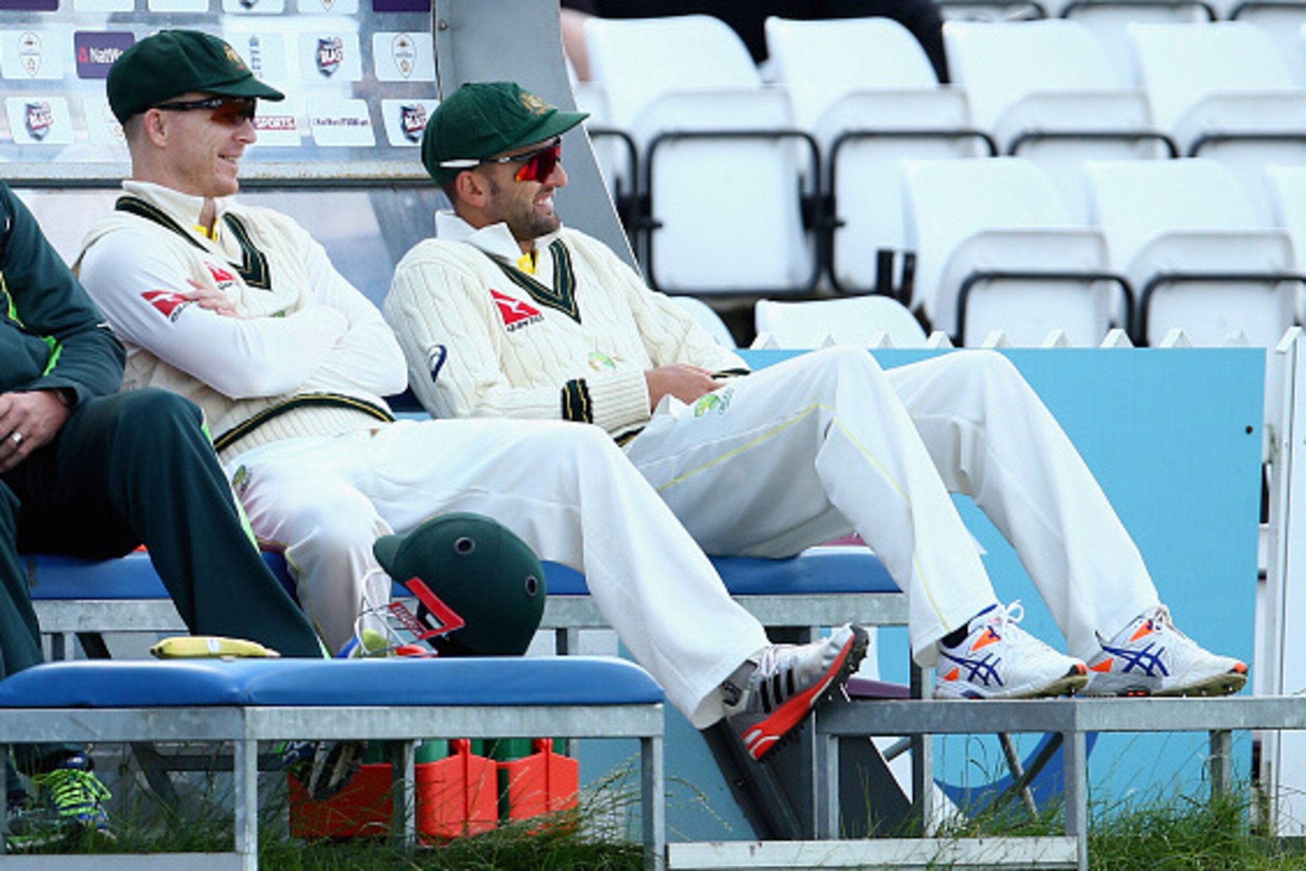 DERBY, ENGLAND - JULY 25:  Chris Rogers and Nathan Lyon of Australia look on during day three of the Tour Match between Derbyshire and Australia at The 3aaa County Ground on July 25, 2015 in Derby, England.  (Photo by Ryan Pierse/Getty Images)