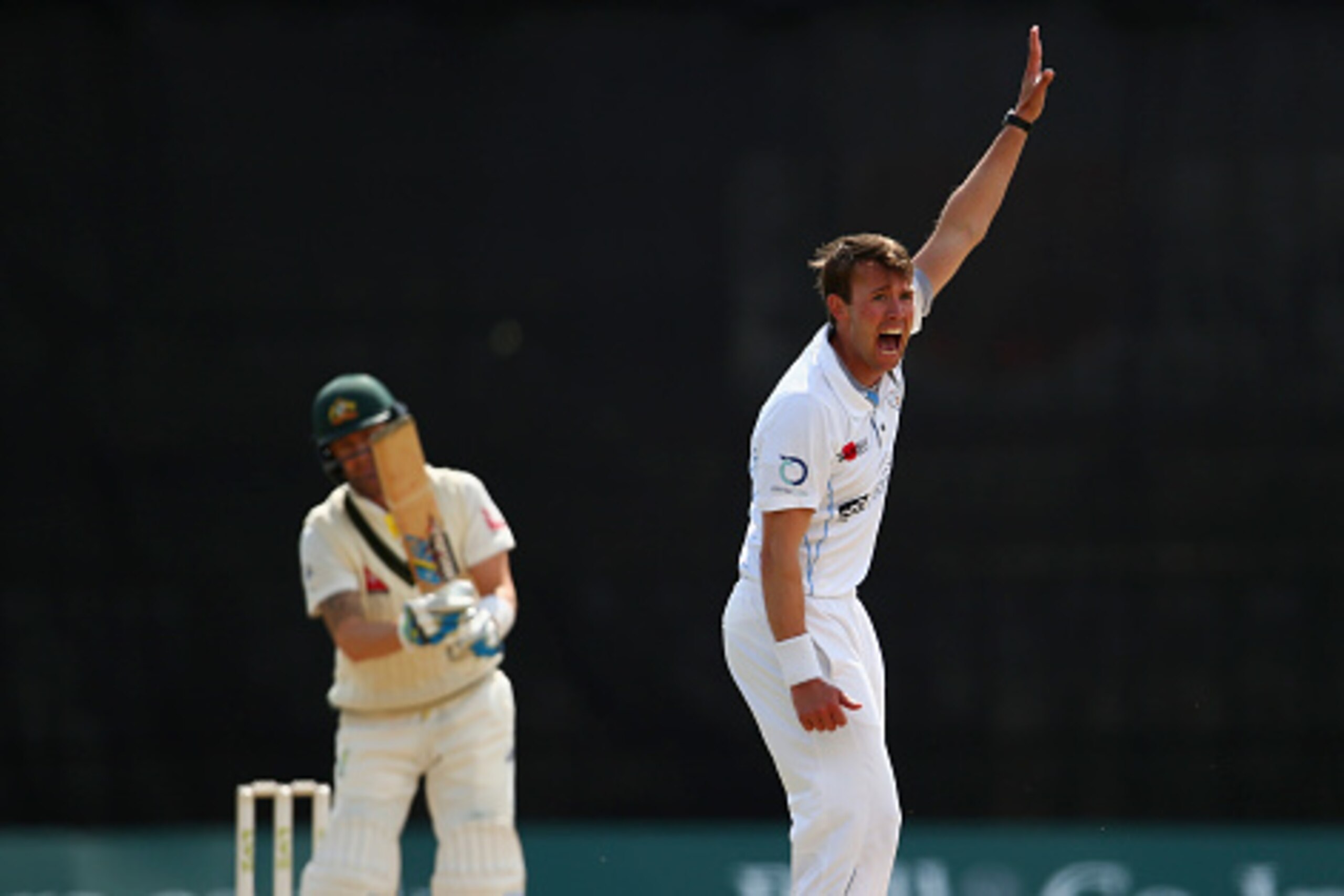 DERBY, ENGLAND - JULY 25:  Tony Palladino of Derbyshire appeals for the wicket of Michael Clarke of Australia  during day three of the Tour Match between Derbyshire and Australia at The 3aaa County Ground on July 25, 2015 in Derby, England.  (Photo by Rya