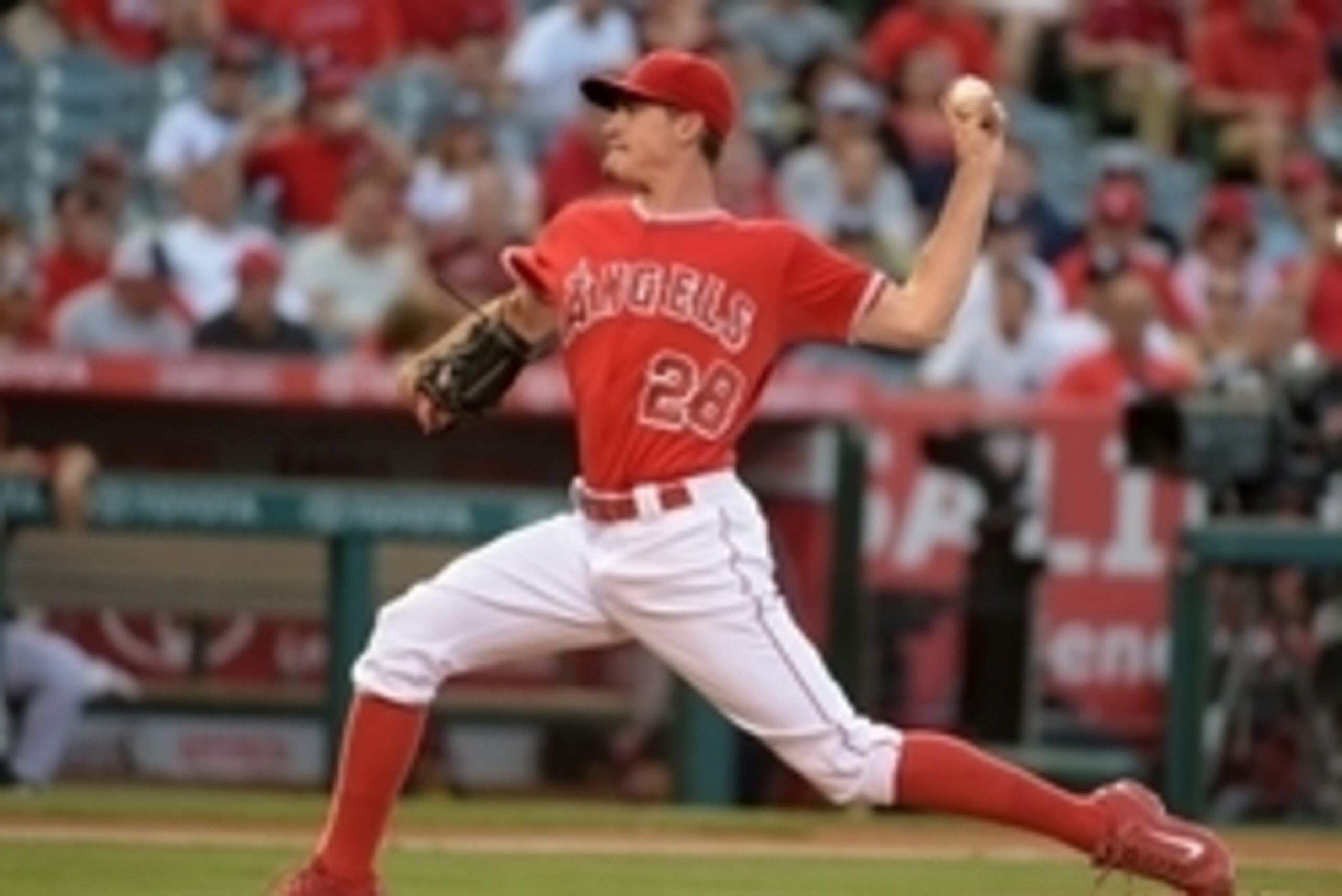 Jun 30, 2015; Anaheim, CA, USA; Los Angeles Angels starter Andrew Hearney (28) delivers a pitch against the New York Yankees at Angel Stadium of Anaheim. Mandatory Credit: Kirby Lee-USA TODAY Sports