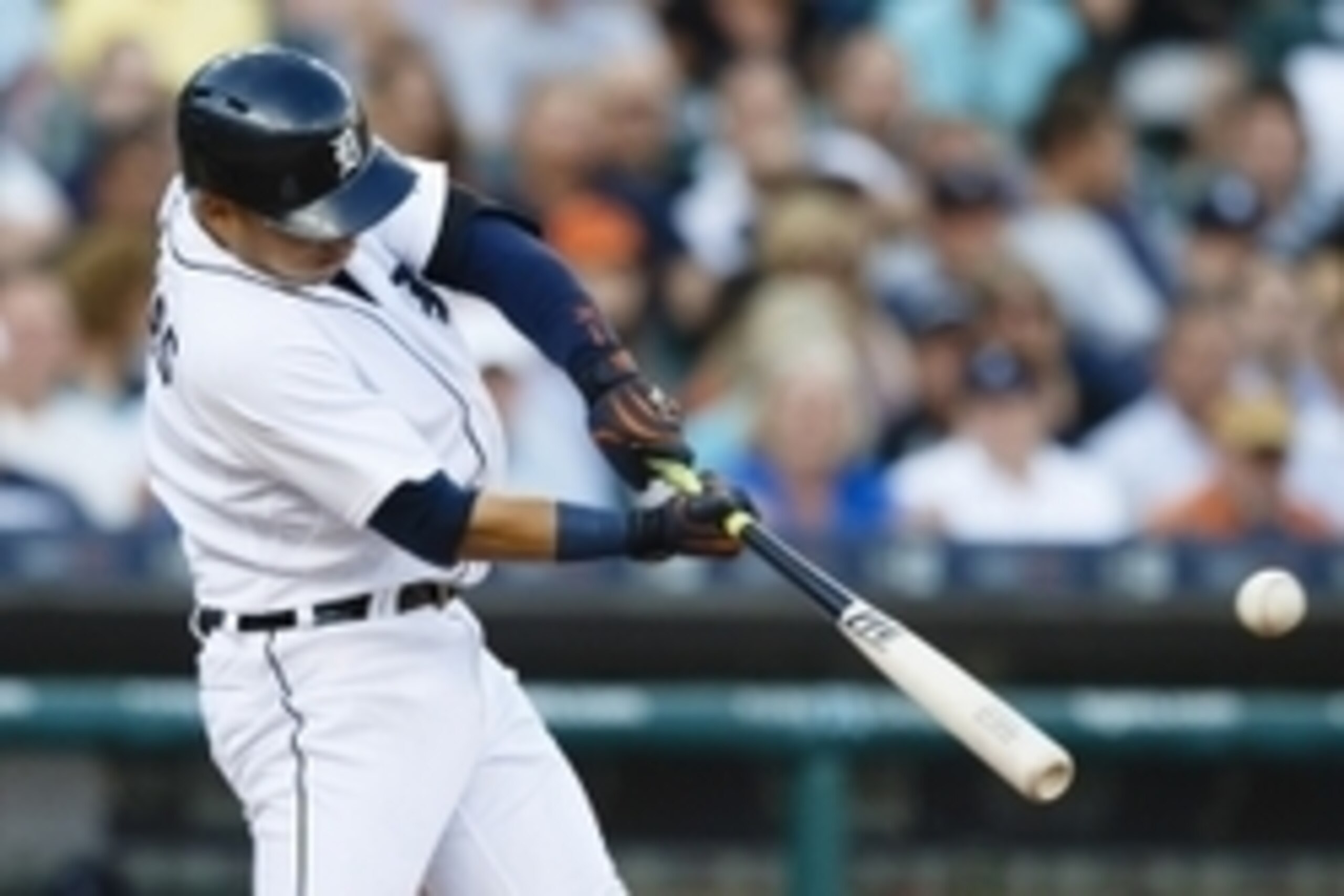 Jul 22, 2015; Detroit, MI, USA; Detroit Tigers shortstop Jose Iglesias (1) hits an RBI double in the third inning against the Seattle Mariners at Comerica Park. Mandatory Credit: Rick Osentoski-USA TODAY Sports