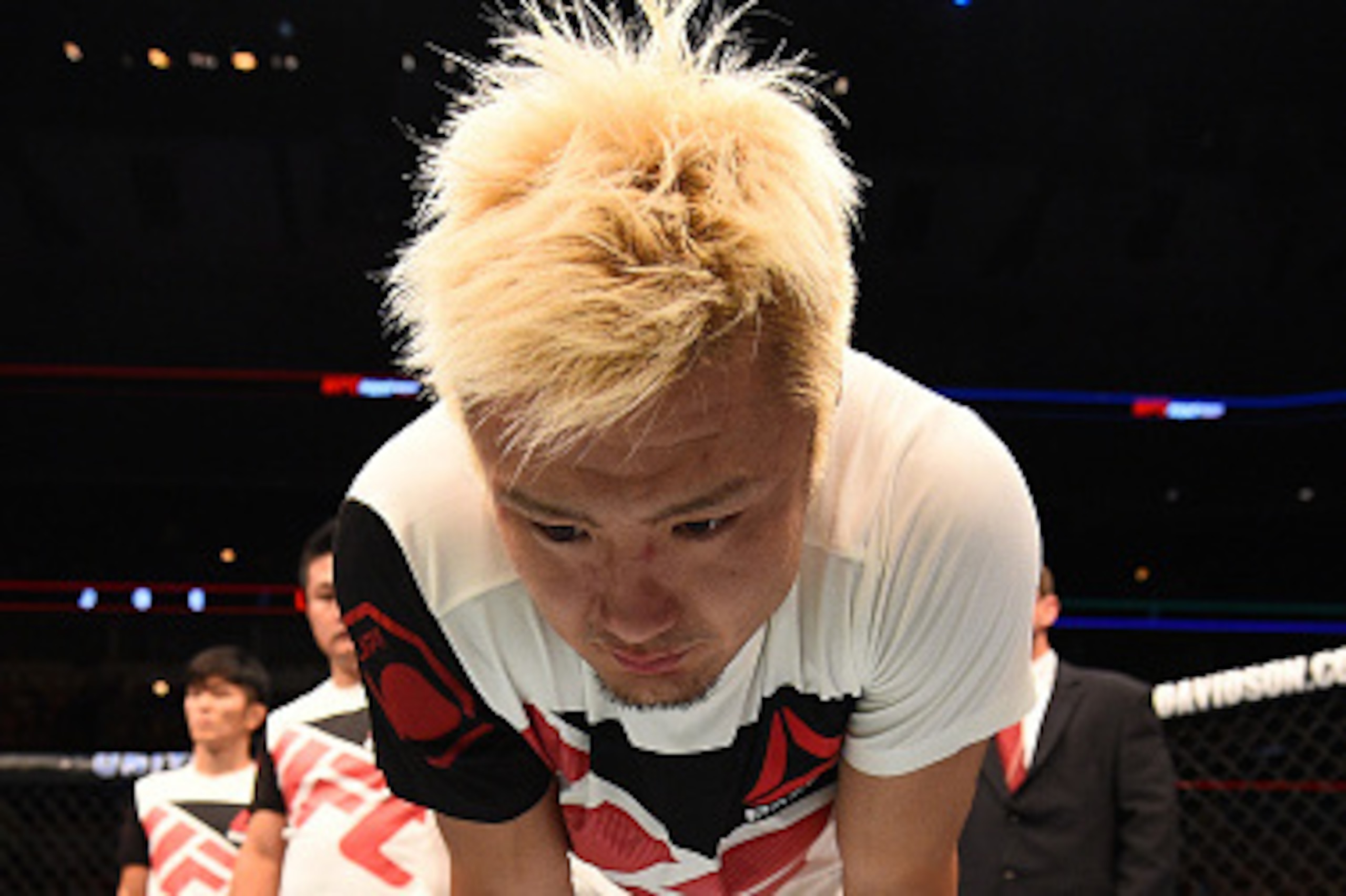 CHICAGO, IL - JULY 25: Takanori Gomi of Japan reacts after his knockout loss to Joe Lauzon in their lightweight bout during the UFC event at the United Center on July 25, 2015 in Chicago, Illinois. (Photo by Jeff Bottari/Zuffa LLC/Zuffa LLC via Getty Im CHICAGO, IL - JULY 25: Takanori Gomi of Japan reacts after his knockout loss to Joe Lauzon in their lightweight bout during the UFC event at the United Center on July 25, 2015 in Chicago, Illinois. (Photo by Jeff Bottari/Zuffa LLC/Zuffa LLC via Getty Im