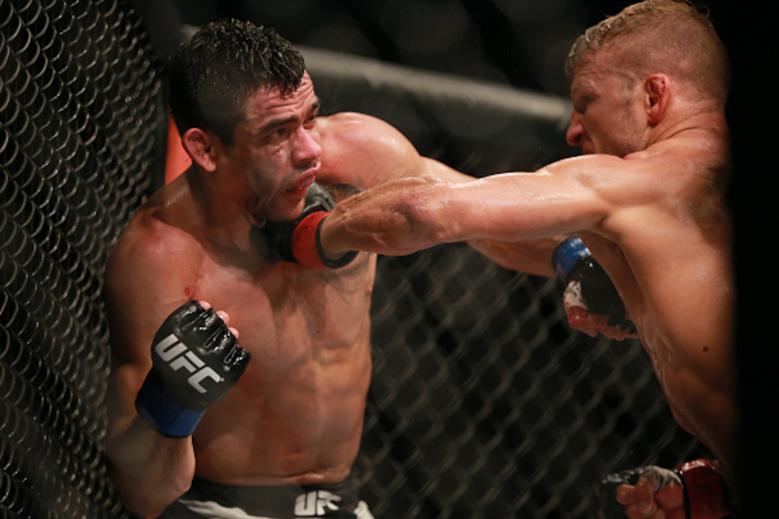CHICAGO, IL - JULY 25:  TJ Dillashaw (R) and Renan Barao fight in their UFC bantamweight championship bout during the UFC event at the United Center on July 25, 2015 in Chicago, Illinois. (Photo by \Rey Del Rio/Zuffa LLC/Zuffa LLC via Getty Images)