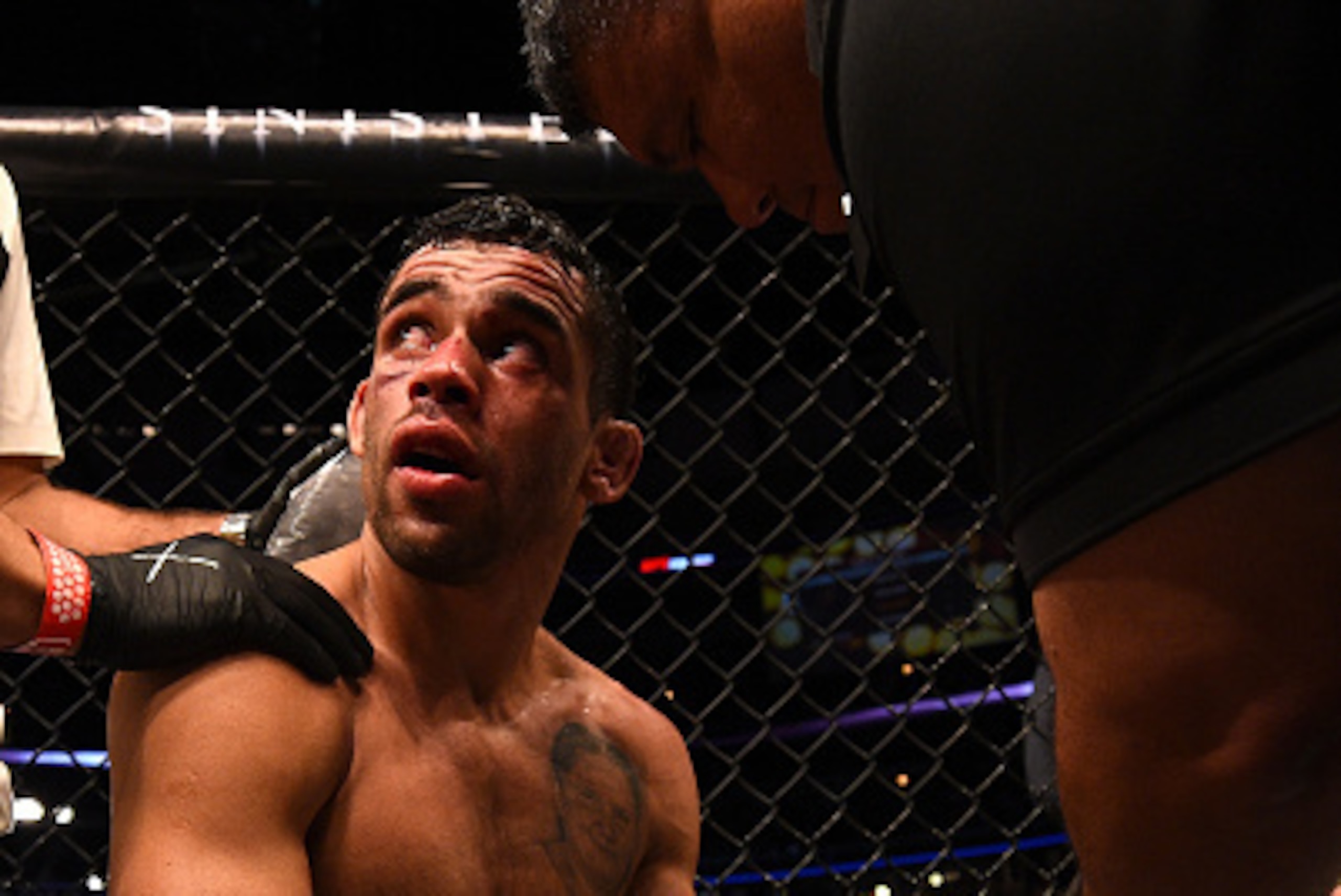 CHICAGO, IL - JULY 25:   Renan Barao of Brazil reacts after his TKO loss to TJ Dillashaw in their UFC bantamweight championship bout during the UFC event at the United Center on July 25, 2015 in Chicago, Illinois. (Photo by Jeff Bottari/Zuffa LLC/Zuffa LL