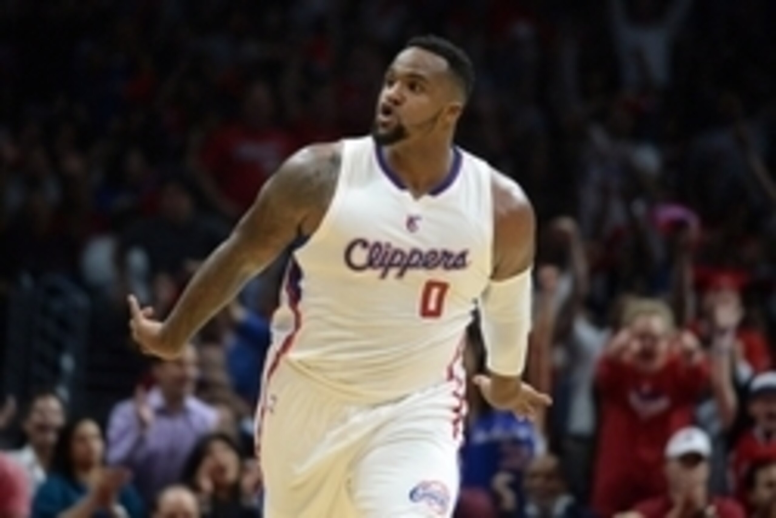 Apr 28, 2015; Los Angeles, CA, USA; Los Angeles Clippers forward Glen Davis (0) celebrates against the San Antonio Spurs in game five of the first round of the NBA Playoffs at Staples Center. The Spurs defeated the Clippers 111-107 to take a 3-2 lead. Man