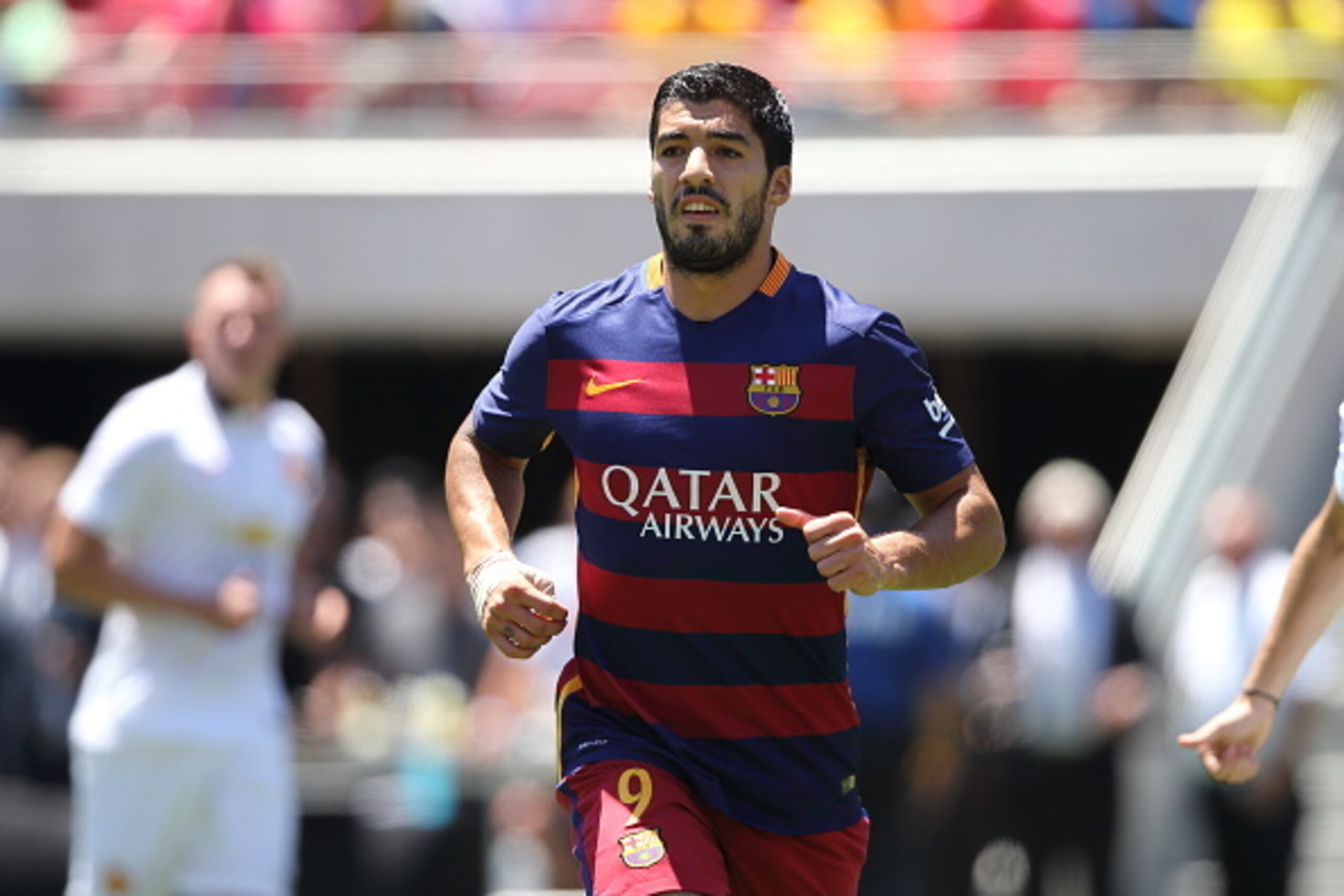 SANTA CLARA, CA - JULY 25:  Luis Suarez of FC Barcelona during the International Champions Cup 2015 match between Manchester United and FC Barcelona at Levi's Stadium on July 25, 2015 in Santa Clara, California.  (Photo by Matthew Ashton - AMA/Getty Image