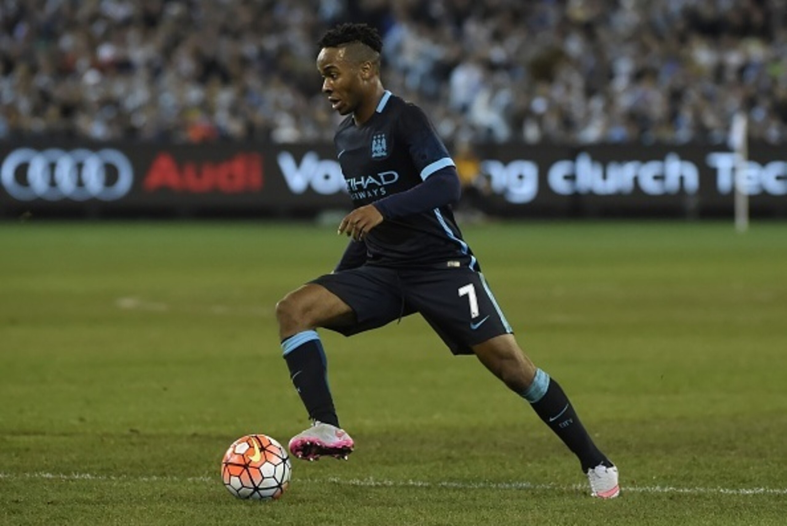 Raheem Stirling of Manchester City plays during the International Champions Cup football match between English Premier League team Manchester City and Spanish side Real Madrid in Melbourne on July 24, 2015. AFP PHOTO / Mal FAIRCLOUGH -- IMAGE RESTRICTED T Raheem Stirling of Manchester City plays during the International Champions Cup football match between English Premier League team Manchester City and Spanish side Real Madrid in Melbourne on July 24, 2015. AFP PHOTO / Mal FAIRCLOUGH -- IMAGE RESTRICTED T