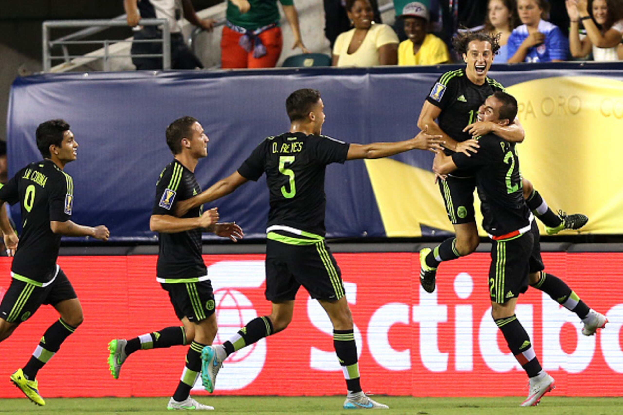 PHILADELPHIA, PA - JULY 26: Andres Guardado #18 of Mexico celebrates with teammates after scoring in the first half against Jamaica during the CONCACAF Gold Cup Final at Lincoln Financial Field on July 26, 2015 in Philadelphia, Pennsylvania. (Photo by Pat