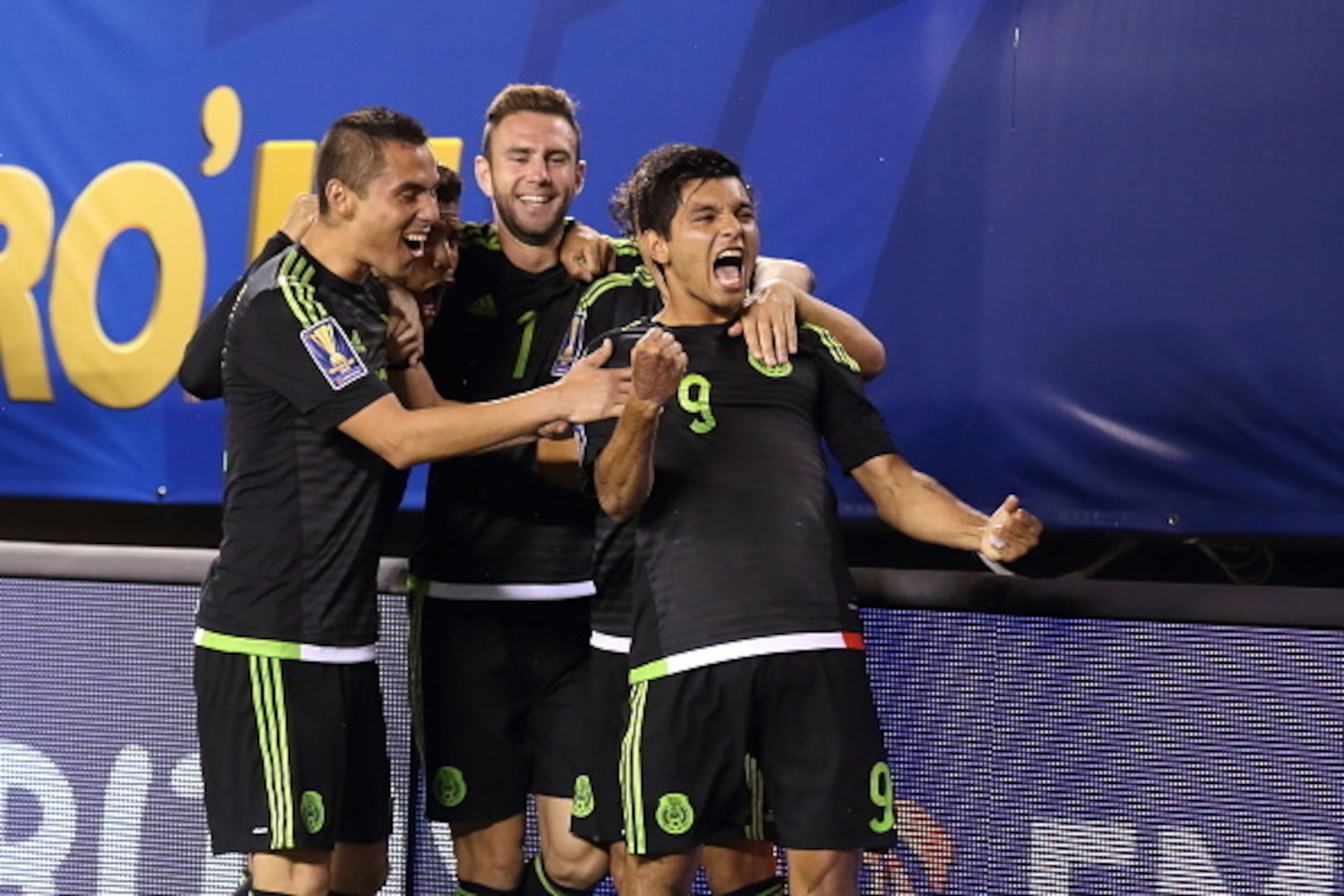 PHILADELPHIA, PA  - JULY 26:  Jesus Corona #9 of Mexico celebrates after scoring a goal to make it 0-2 during the 2015 CONCACAF Gold Cup Final match between Jamaica and Mexico at Lincoln Financial Field on July 26, 2015 in Philadelphia,Pennsylvania.  (Pho