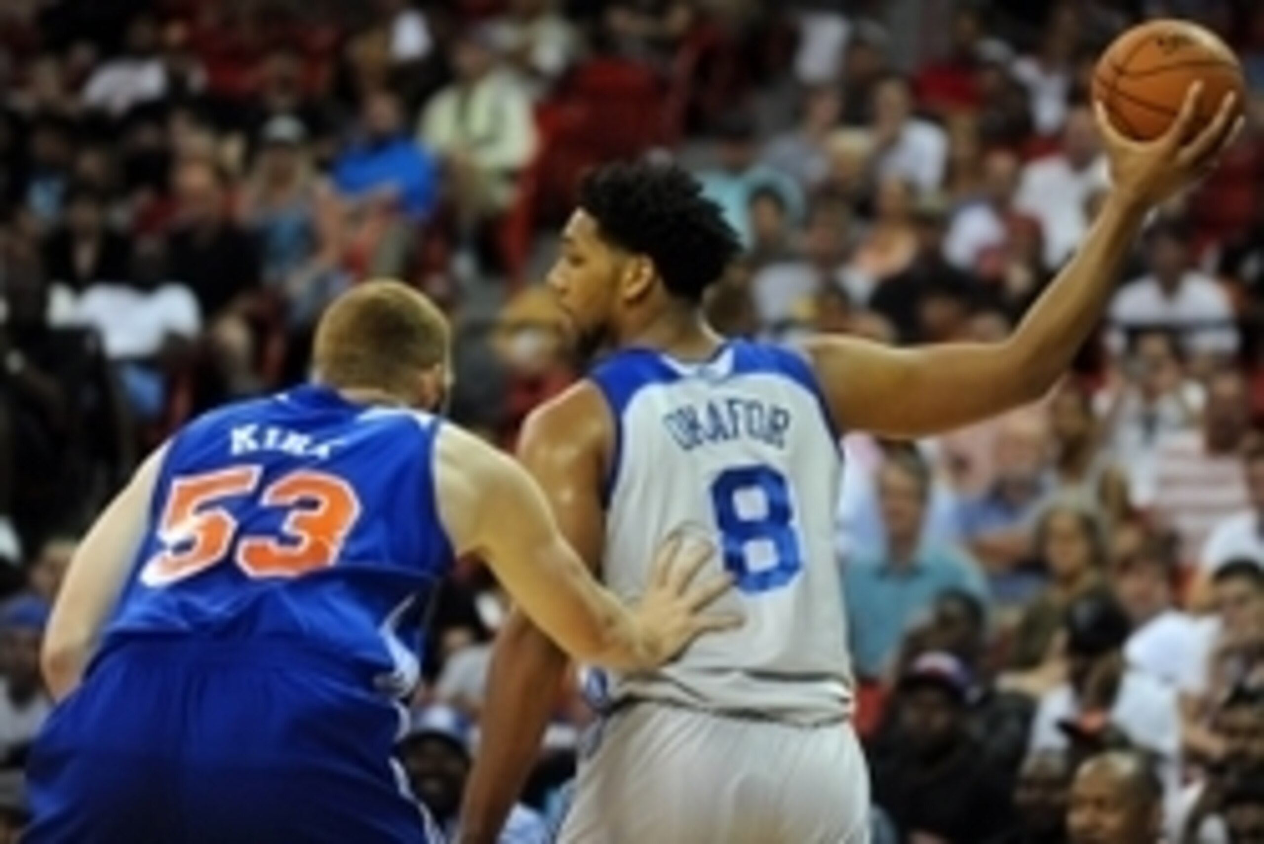 Jul 14, 2015; Las Vegas, NV, USA; Philadelphia 76ers center Jahlil Okafor (8) holds the ball away from New York Knicks forward Alex Kirk (53) during an NBA Summer League game at Thomas & Mack Center. Mandatory Credit: Stephen R. Sylvanie-USA TODAY Sports
