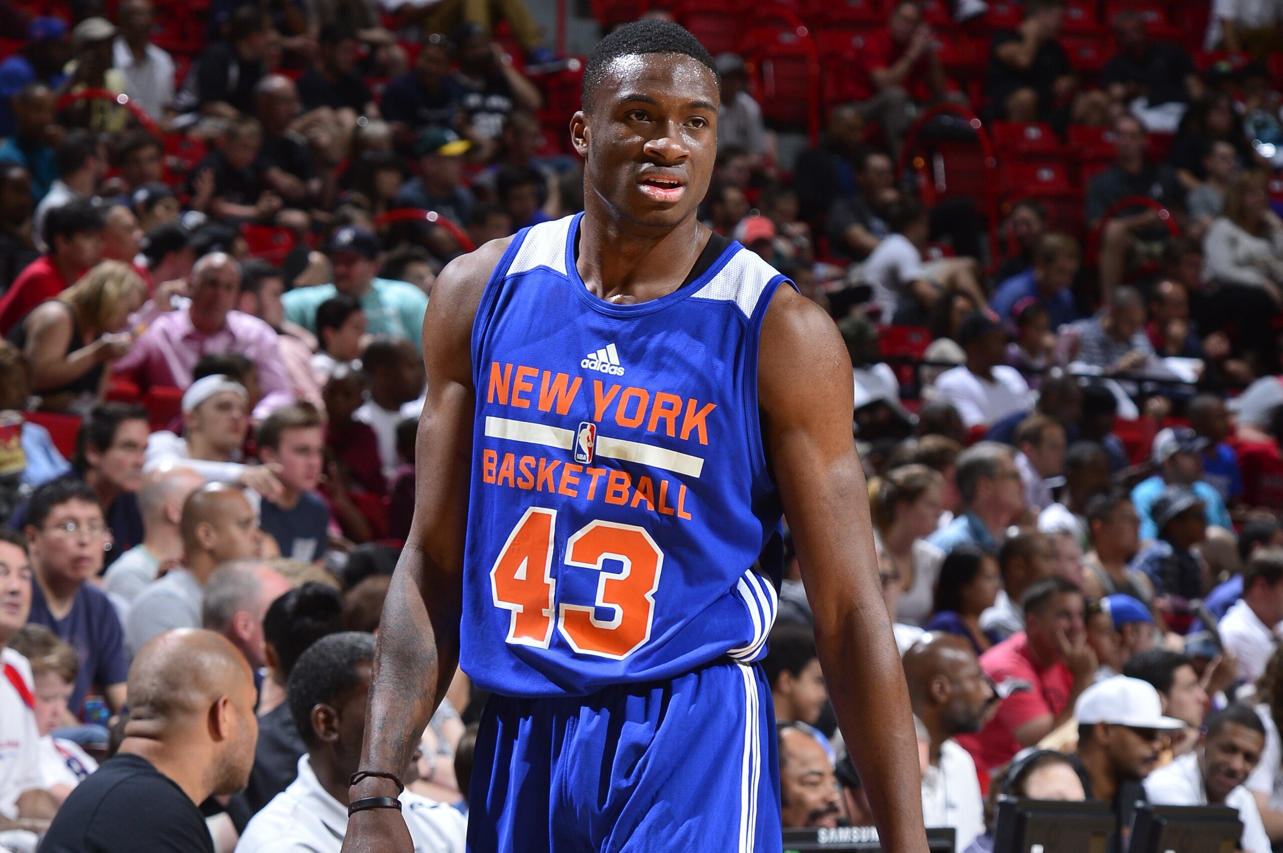 LAS VEGAS, NV - JULY 14:  Thanasis Antetokounmpo #43 of the New York Knicks looks on against the Philadelphia 76ers during the 2015 NBA Las Vegas Summer League game on July 14, 2015 at the Thomas & Mack Center in Las Vegas, Nevada. NOTE TO USER: User expr