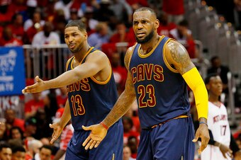 ATLANTA, GA - MAY 20:  LeBron James #23 and Tristan Thompson #13 of the Cleveland Cavaliers react in the second quarter against the Atlanta Hawks during Game One of the Eastern Conference Finals of the 2015 NBA Playoffs at Philips Arena on May 20, 2015 in
