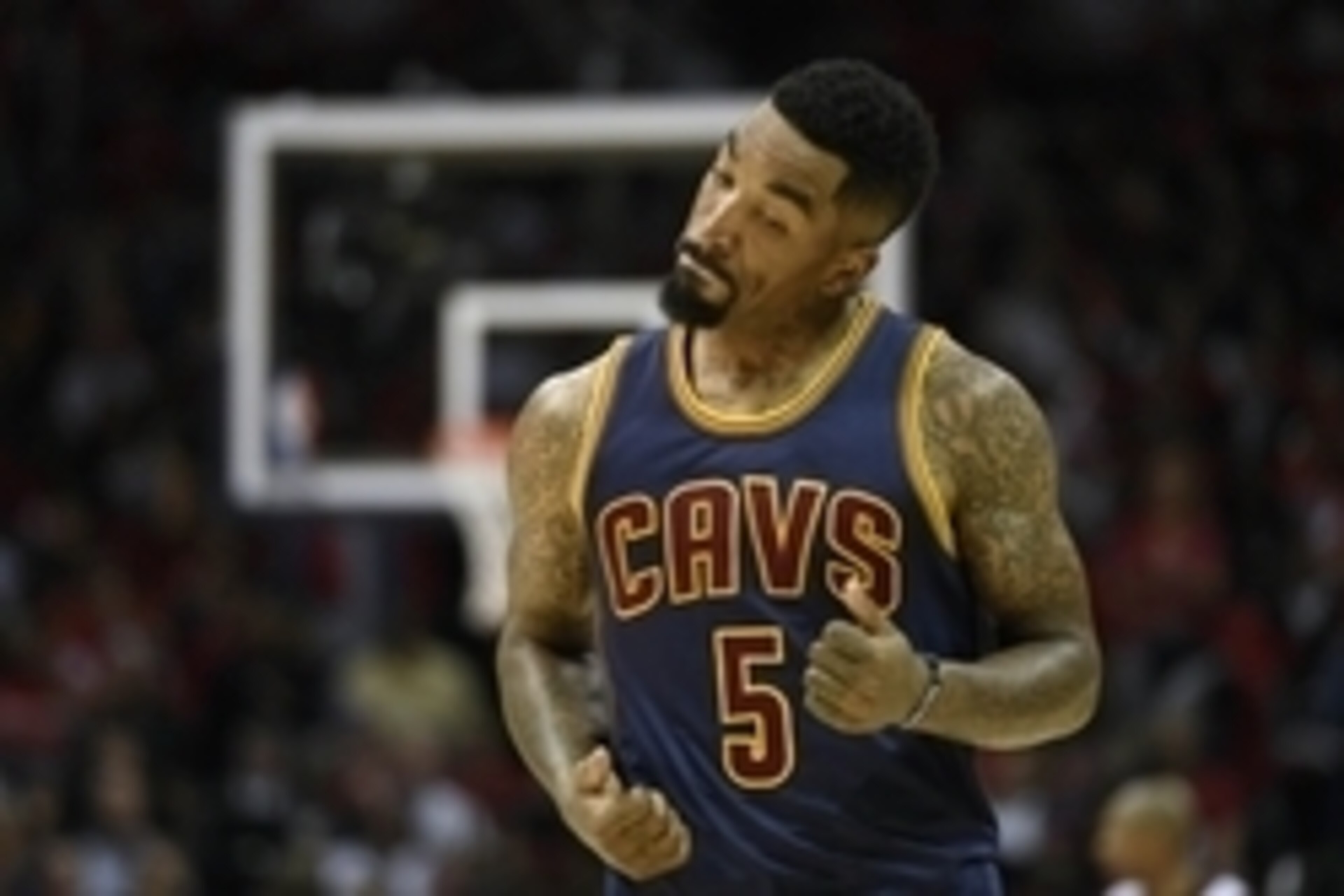 May 20, 2015; Atlanta, GA, USA; Cleveland Cavaliers guard J.R. Smith (5) reacts during the fourth quarter of game one of the Eastern Conference Finals of the NBA Playoffs against the Atlanta Hawks at Philips Arena. Mandatory Credit: Dale Zanine-USA TODAY 