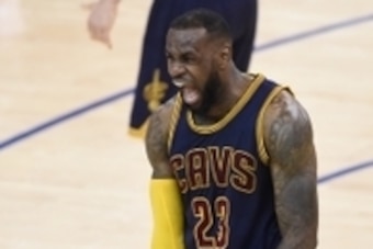 June 7, 2015; Oakland, CA, USA; Cleveland Cavaliers forward LeBron James (23) reacts after the Cavaliers 95-93 overtime victory against the Golden State Warriors in game two of the NBA Finals at Oracle Arena. Mandatory Credit: Bob Donnan-USA TODAY Sports