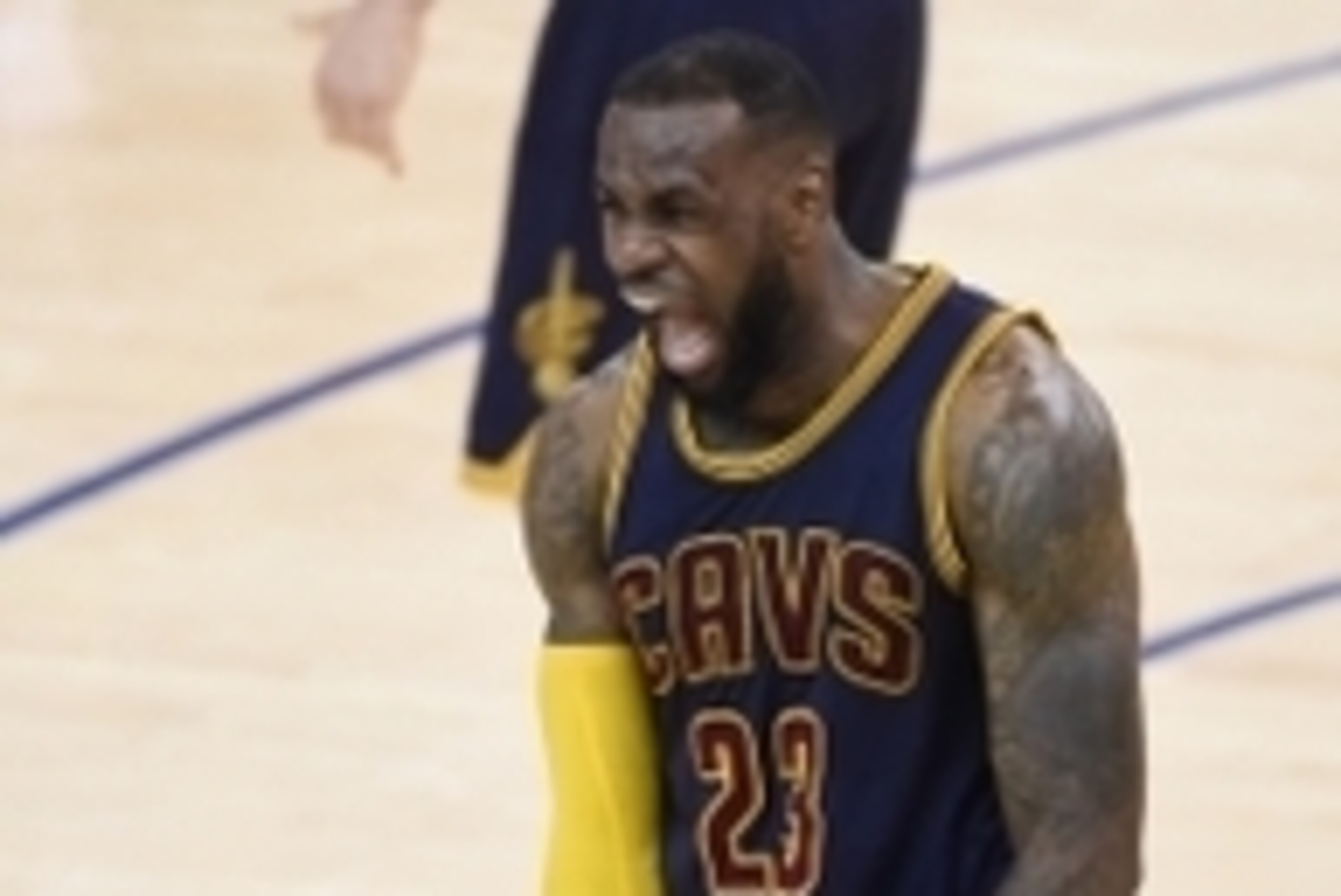 June 7, 2015; Oakland, CA, USA; Cleveland Cavaliers forward LeBron James (23) reacts after the Cavaliers 95-93 overtime victory against the Golden State Warriors in game two of the NBA Finals at Oracle Arena. Mandatory Credit: Bob Donnan-USA TODAY Sports
