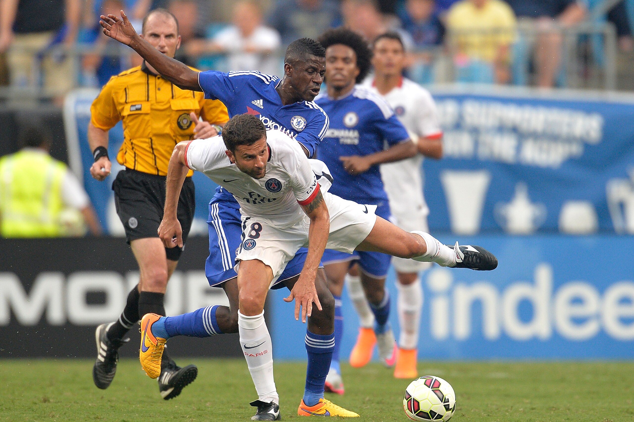 CHARLOTTE, NC - JULY 25:  Ramires #7 of Chelsea defends Thiago Motta #8 of Paris Saint-Germain during their International Champions Cup match at Bank of America Stadium on July 25, 2015 in Charlotte, North Carolina. Chelsea won 2-1 on penalty kicks.  (Pho