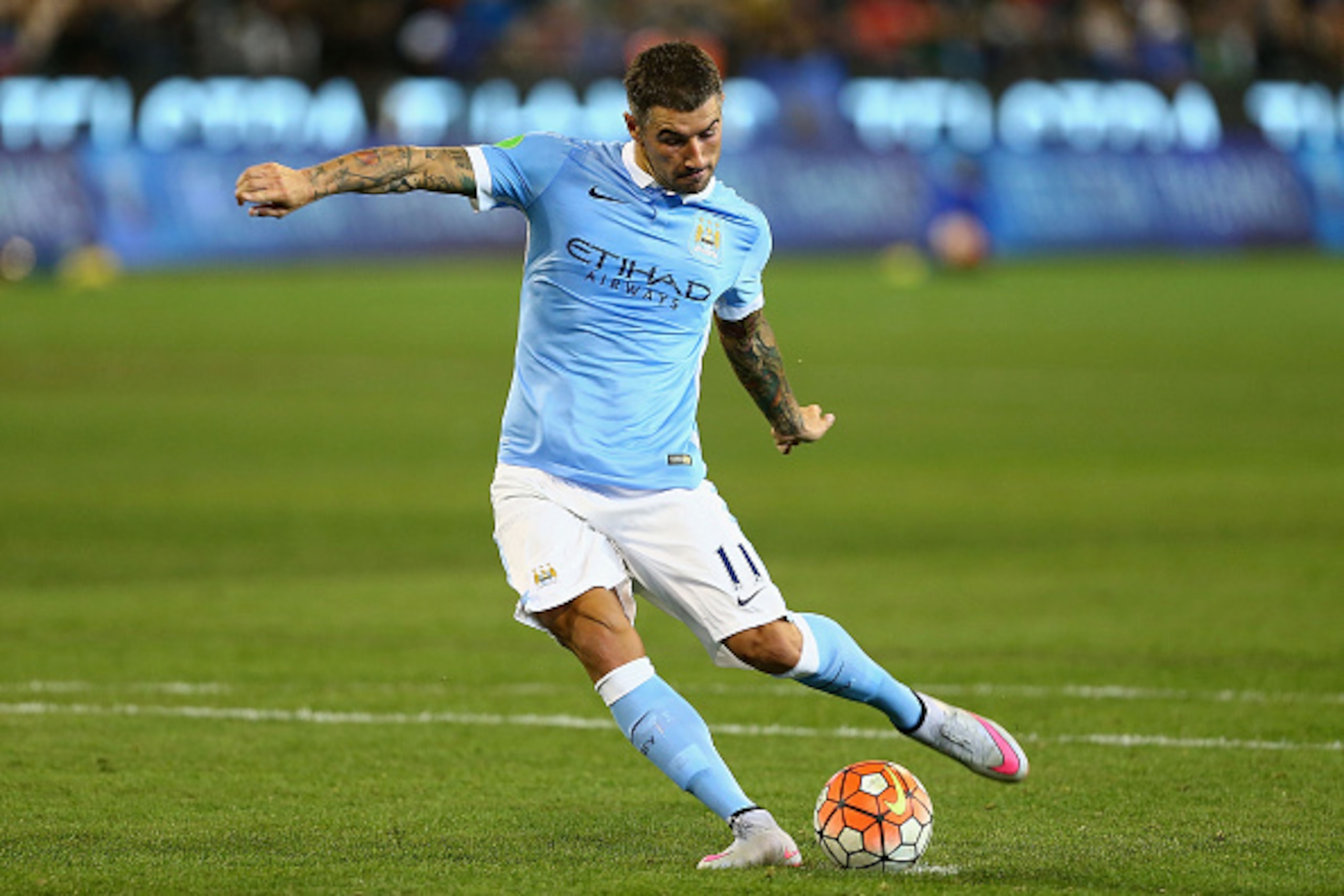 MELBOURNE, AUSTRALIA - JULY 21:  Aleksandar Kolarov of Manchester City kicks the ball during the International Champions Cup friendly match between Manchester City and AS Roma at the Melbourne Cricket Ground on July 21, 2015 in Melbourne, Australia.  (Pho
