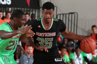 LONG BEACH, CA - AUGUST 4: Billy Preston #35 brings the ball up the court during the 2014 adidas Nations championship game between 2016 adidas U.S. Lillard and 2016 U.S. Wall on August 4, 2014 at Long Beach City College in Long Beach, California. (Photo b