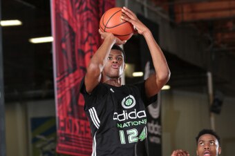 GARDEN GROVE, CA - AUGUST 3:  Billy Preston #124 puts up the jumper during the 2014 adidas Nations on August 3, 2014 at Next Level Sports Complex in Garden Grove, California. (Photo by Kelly Kline/Getty Images)