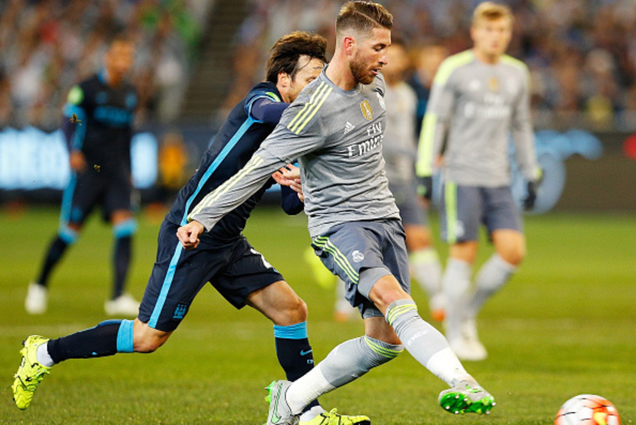 MELBOURNE, AUSTRALIA - JULY 24:  Sergio Ramos of Real Madrid passes during the International Champions Cup match between Real Madrid and Manchester City at Melbourne Cricket Ground on July 24, 2015 in Melbourne, Australia.  (Photo by Daniel Pockett/Getty 