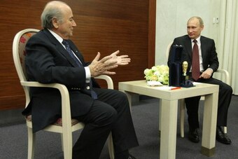 FIFA President Joseph Blatter (L) meets with Russian Prime Minister Vladimir Putin prior to a signing ceremony of finalising the status of Russia as the 2018 FIFA World Cup host country at the Grand Hotel Europe in Saint-Petersburg on January 22, 2010.   