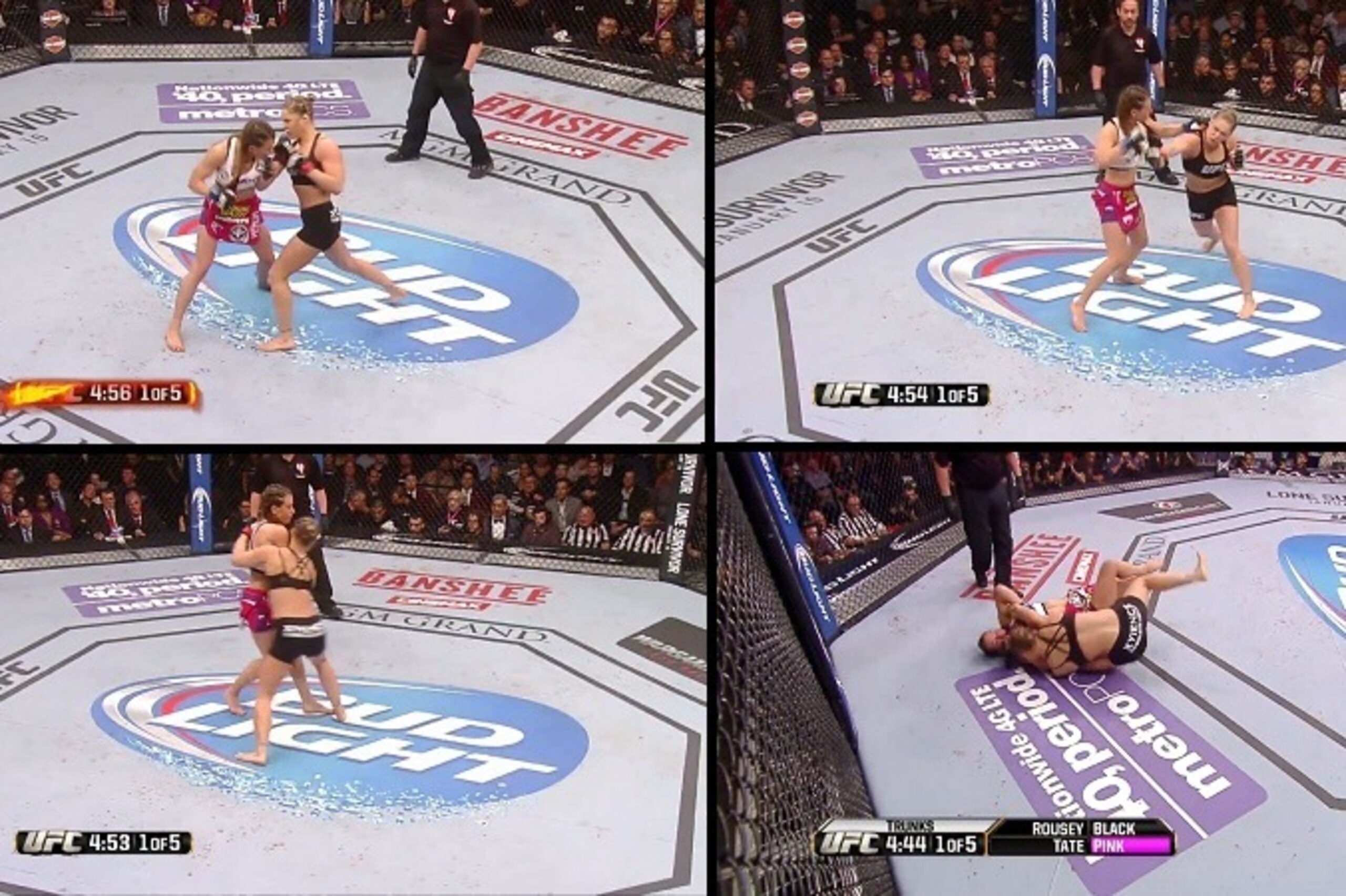 Rousey swaps punches with Tate and then rears back and lunges forward with a right hand. From there, she grabs ahold of Tate and works for the takedown.