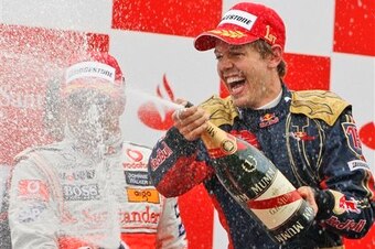 Sebastian Vettel celebrates his victory at the 2008 Italian Grand Prix.