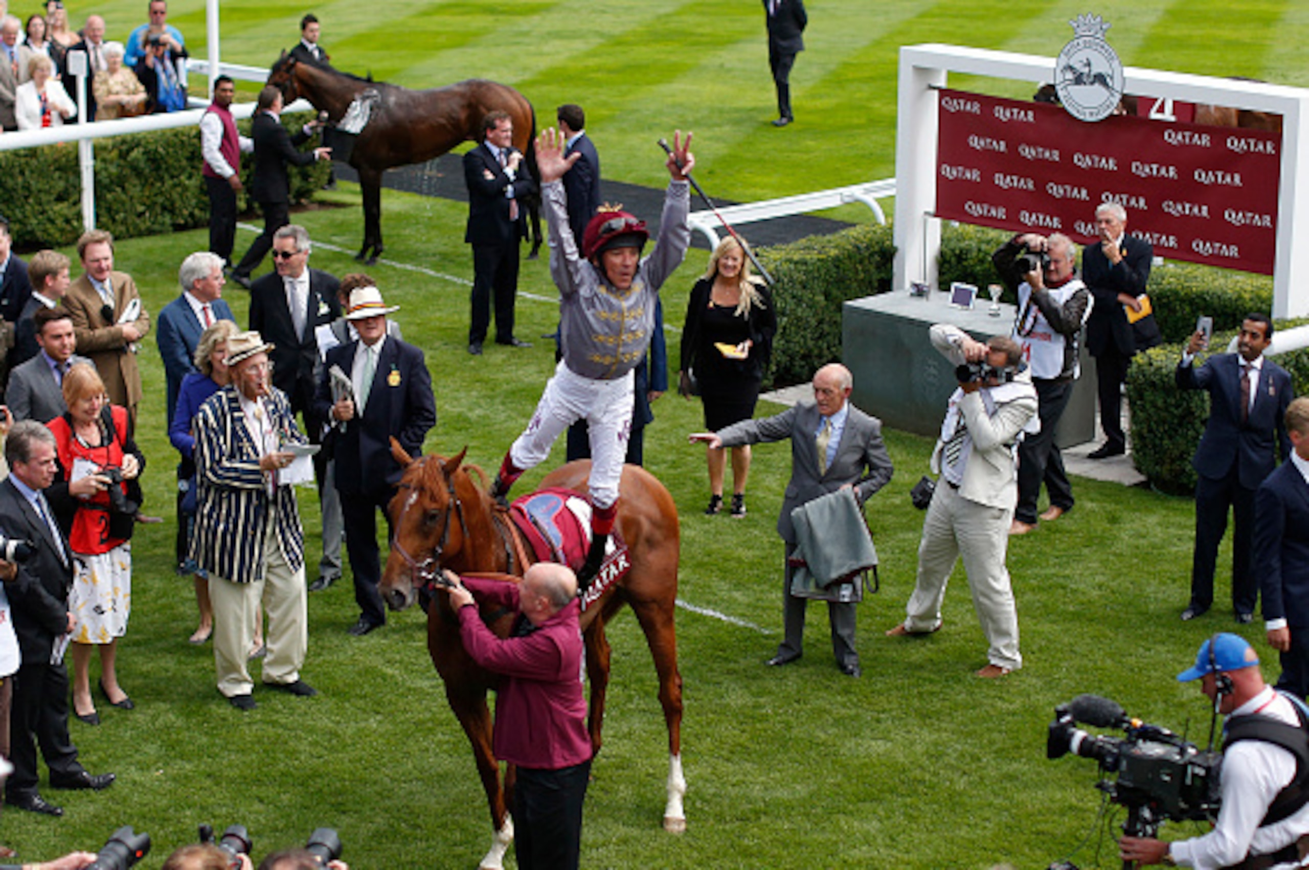 CHICHESTER, ENGLAND - JULY 28: Frankie Dettori celebrates riding Galileo Gold to win The Qatar Vintage Stakes at Goodwood racecourse on July 28, 2015 in Chichester, England. (Photo by Alan Crowhurst/Getty Images)