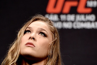 RIO DE JANEIRO, BRAZIL - MARCH 20:  UFC Women's Bantamweight Champion Ronda Rousey of the United States looks on during the the UFC 189 World Media Tour Launch press conference at Maracanazinho on March 20, 2015 in Rio de Janeiro, Brazil.  (Photo by Buda 