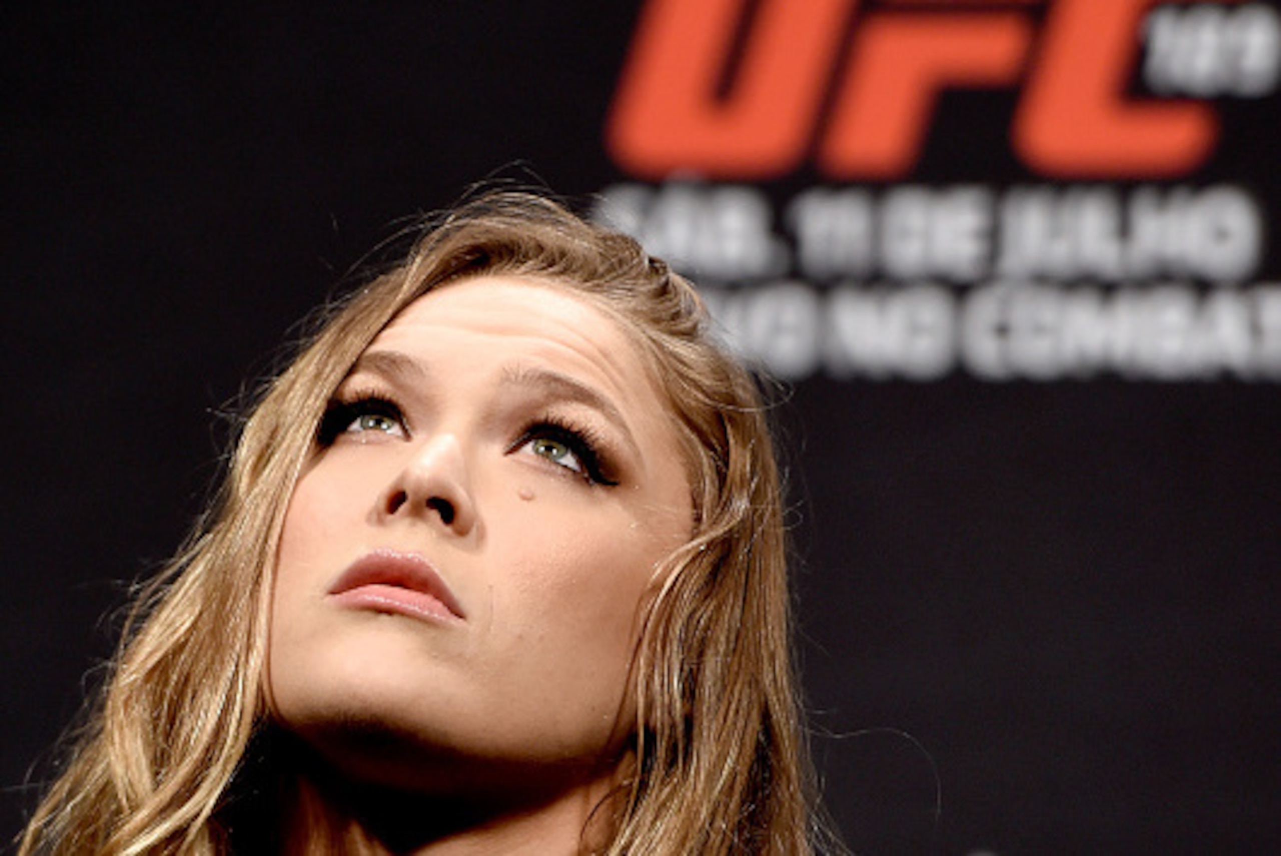RIO DE JANEIRO, BRAZIL - MARCH 20:  UFC Women's Bantamweight Champion Ronda Rousey of the United States looks on during the the UFC 189 World Media Tour Launch press conference at Maracanazinho on March 20, 2015 in Rio de Janeiro, Brazil.  (Photo by Buda 