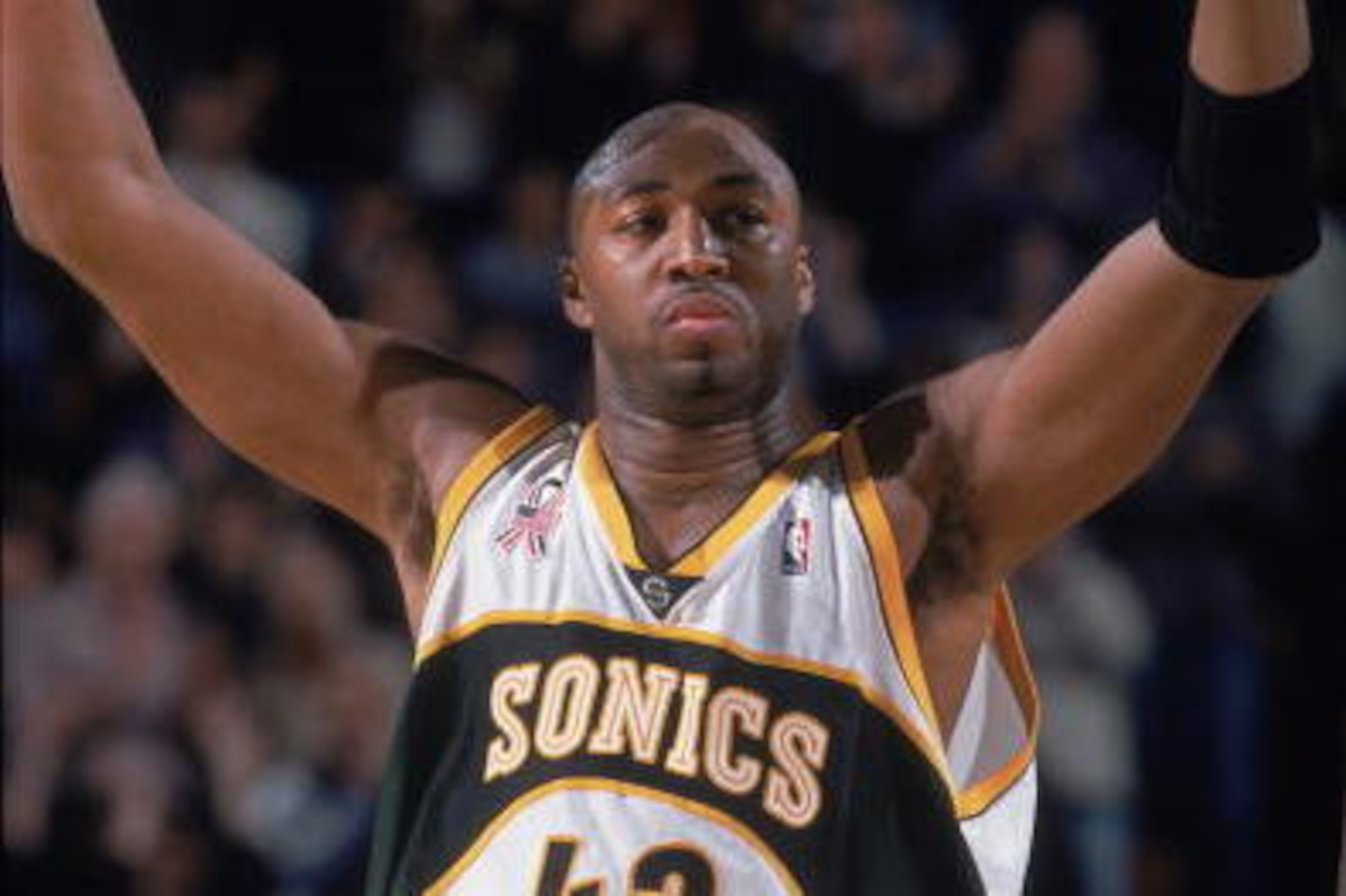 11 Jan 2002:  Forward Vin Baker #42 of the Seattle SuperSonics celebrates during the NBA game against the Cleveland Cavaliers at Key Arena in Seattle, Washington.  The SuperSonics edged the Cavaliers 102-100.  NOTE TO USER: User expressly acknowledges and