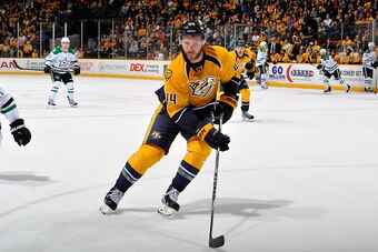 NASHVILLE, TN - APRIL 04:  Cody Franson #44 of the Nashville Predators skates against the Dallas Stars during the second period at Bridgestone Arena on April 4, 2015 in Nashville, Tennessee.  (Photo by Frederick Breedon/Getty Images)