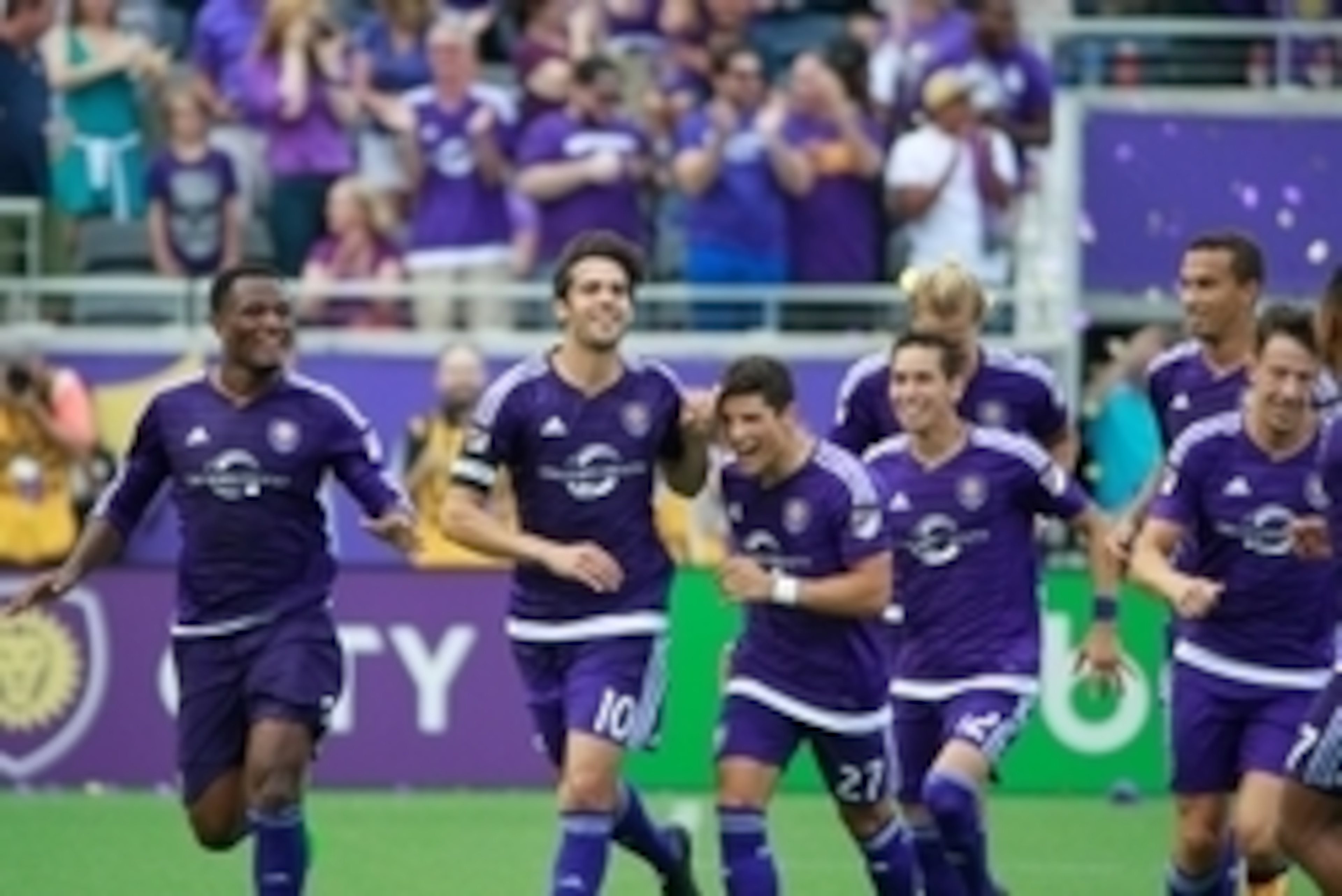 May 17, 2015; Orlando, FL, USA; Orlando City SC midfielder Kaka (10) is congratulated by teammates after he scored against the Los Angeles Galaxy during the second half at Orlando Citrus Bowl Stadium. Orlando City SC defeated the Los Angeles Galaxy 4-0. M