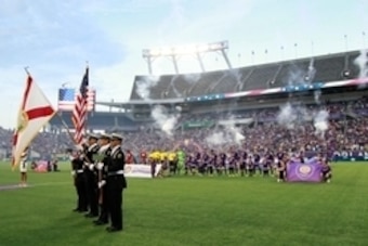 Jul 11, 2015; Orlando, FL, USA; A general view during the national anthem between the FC Dallas and Orlando City SC during the first half at Orlando Citrus Bowl Stadium. Mandatory Credit: Kim Klement-USA TODAY Sports