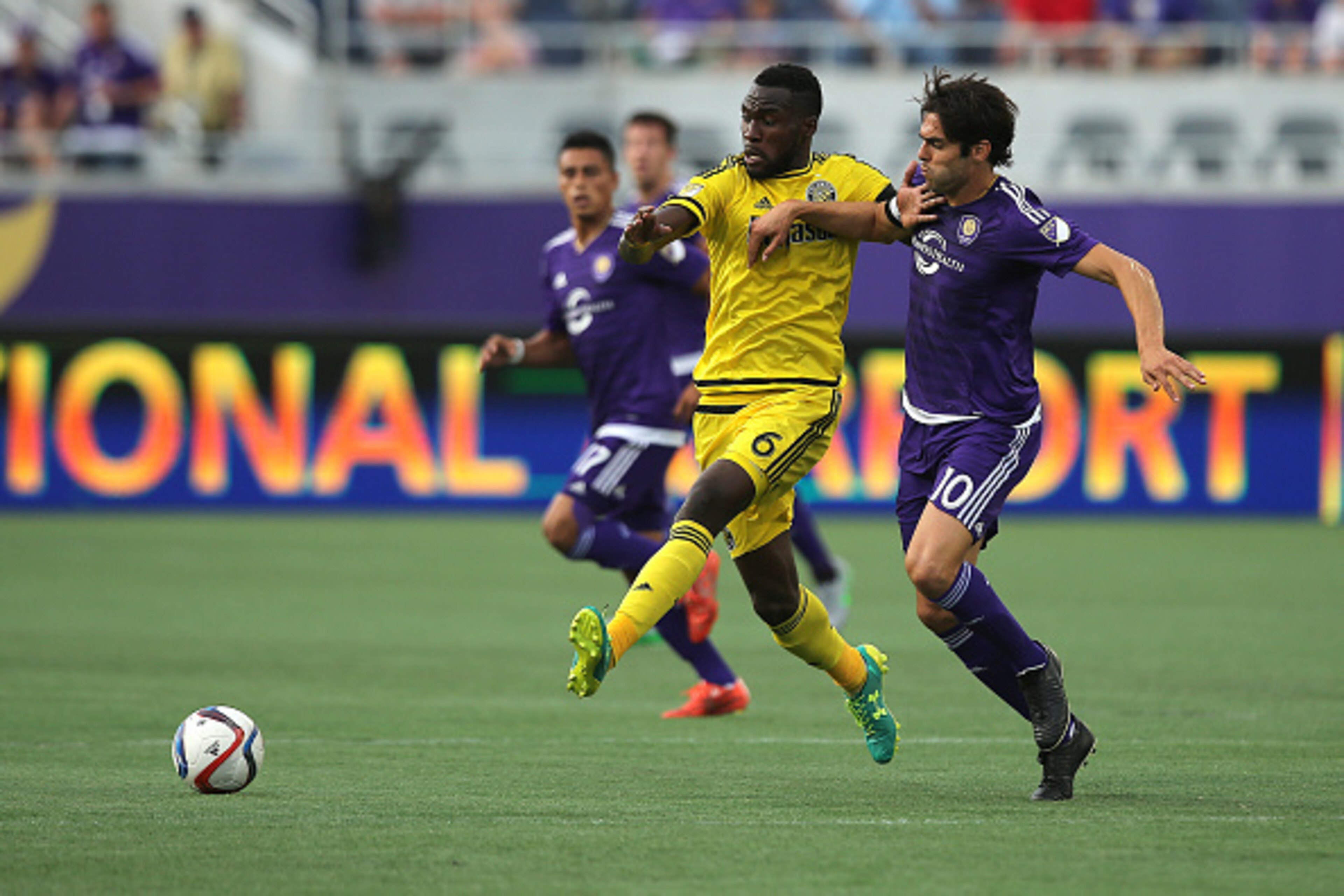 ORLANDO, FL - JUNE 30: Tony Tchani #6 of Columbus Crew and Kaka #10 of Orlando City SC fight for possession of the ball during the Lamar Hunt U.S. Open soccer match between the Columbus Crew and Orlando City SC at the Orlando Citrus Bowl on June 30, 2015 