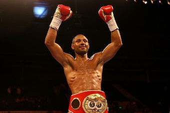 SHEFFIELD, ENGLAND - MARCH 28:  Kell Brook celebrates after beating Jo Jo Dan during their IBF World Welterweight Title Fight at the Motorpoint Arena on March 28, 2015 in Sheffield, England.  (Photo by Richard Heathcote/Getty Images)