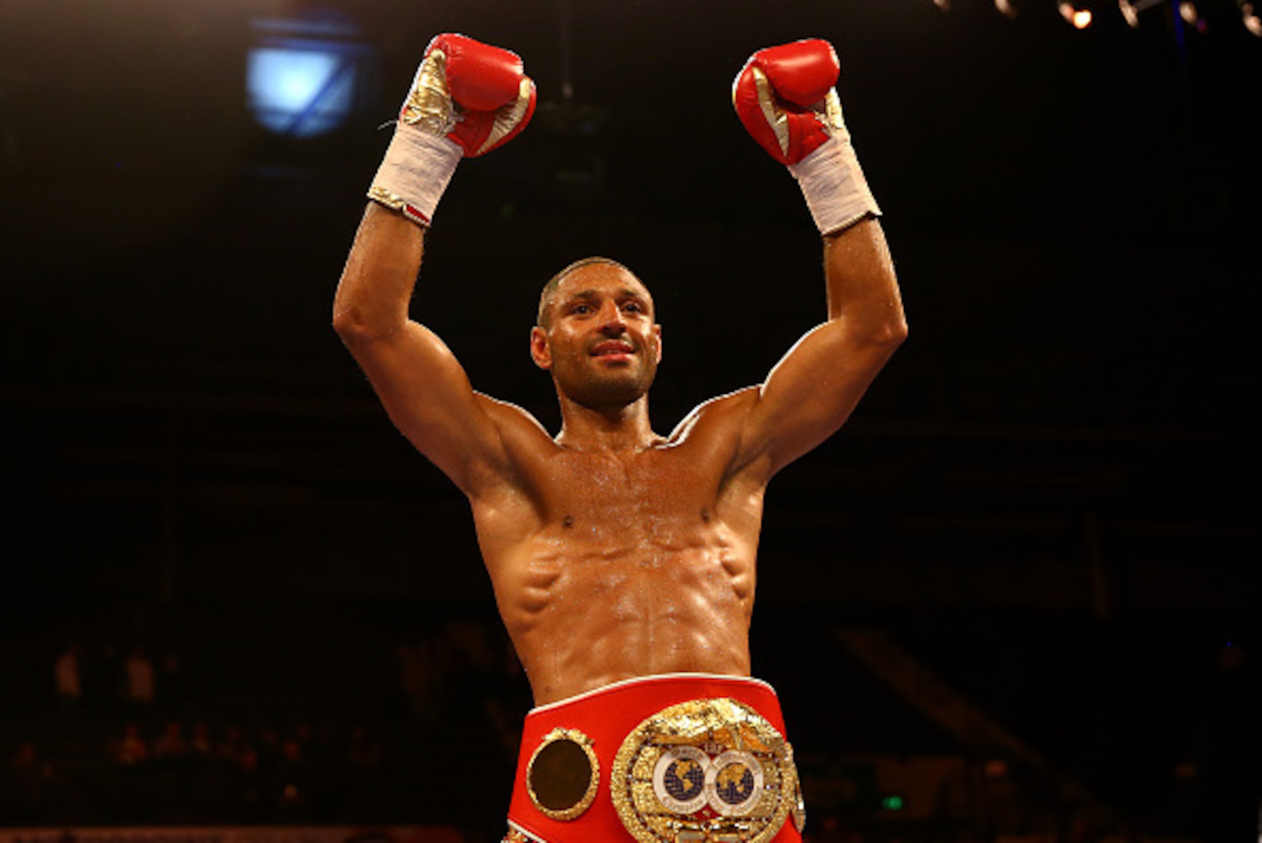 SHEFFIELD, ENGLAND - MARCH 28:  Kell Brook celebrates after beating Jo Jo Dan during their IBF World Welterweight Title Fight at the Motorpoint Arena on March 28, 2015 in Sheffield, England.  (Photo by Richard Heathcote/Getty Images)